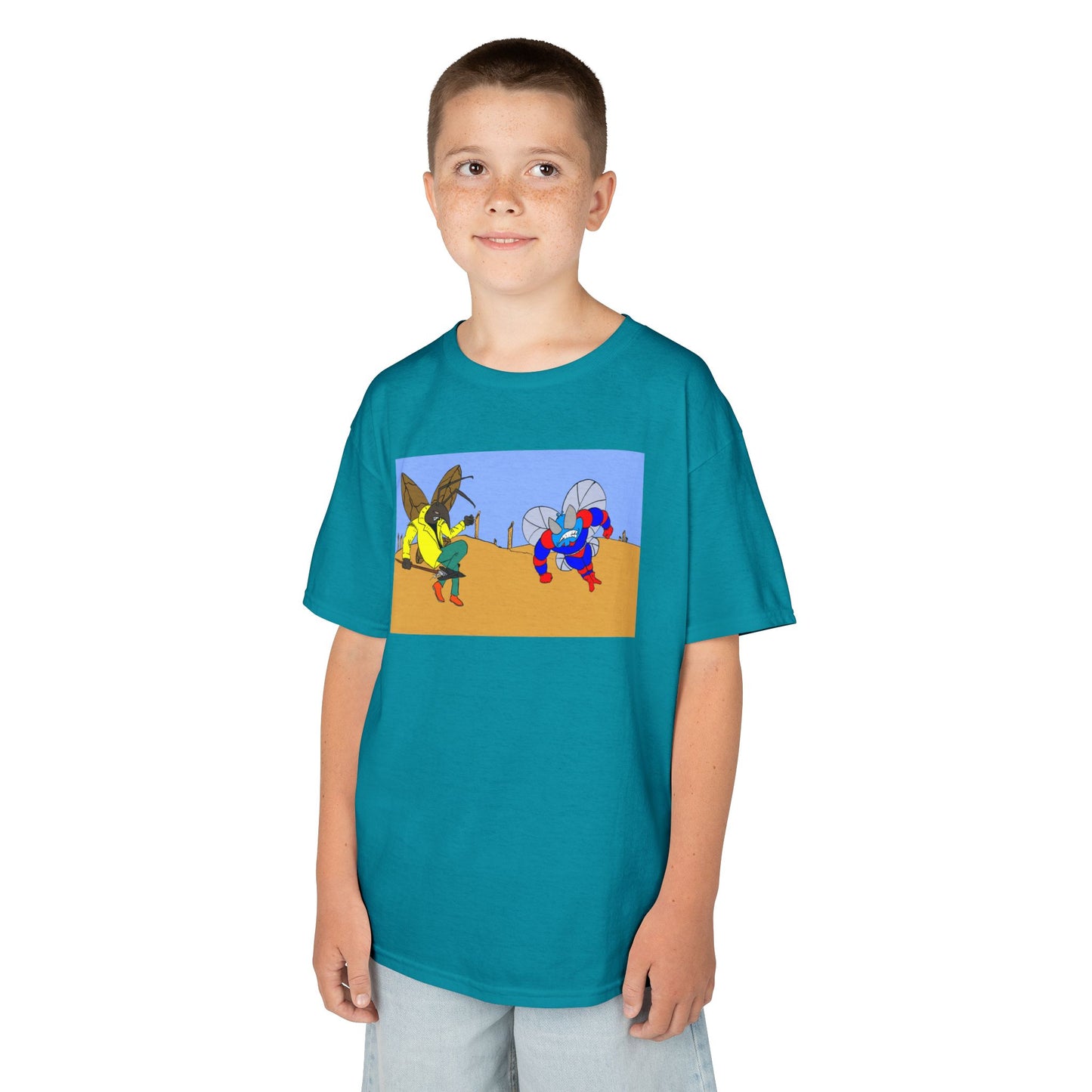 Astro-Fly and Wasp Warrior Kids Tee — Colorful Desert Beetle Cartoon Illustration