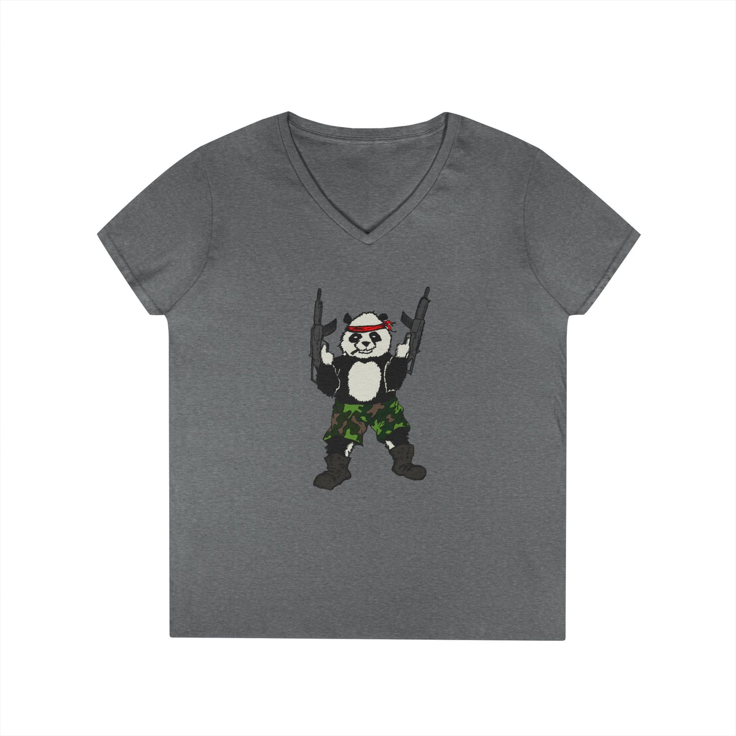 Ladies' V-Neck T-Shirt - Cool Panda with Guns Graphic Tee