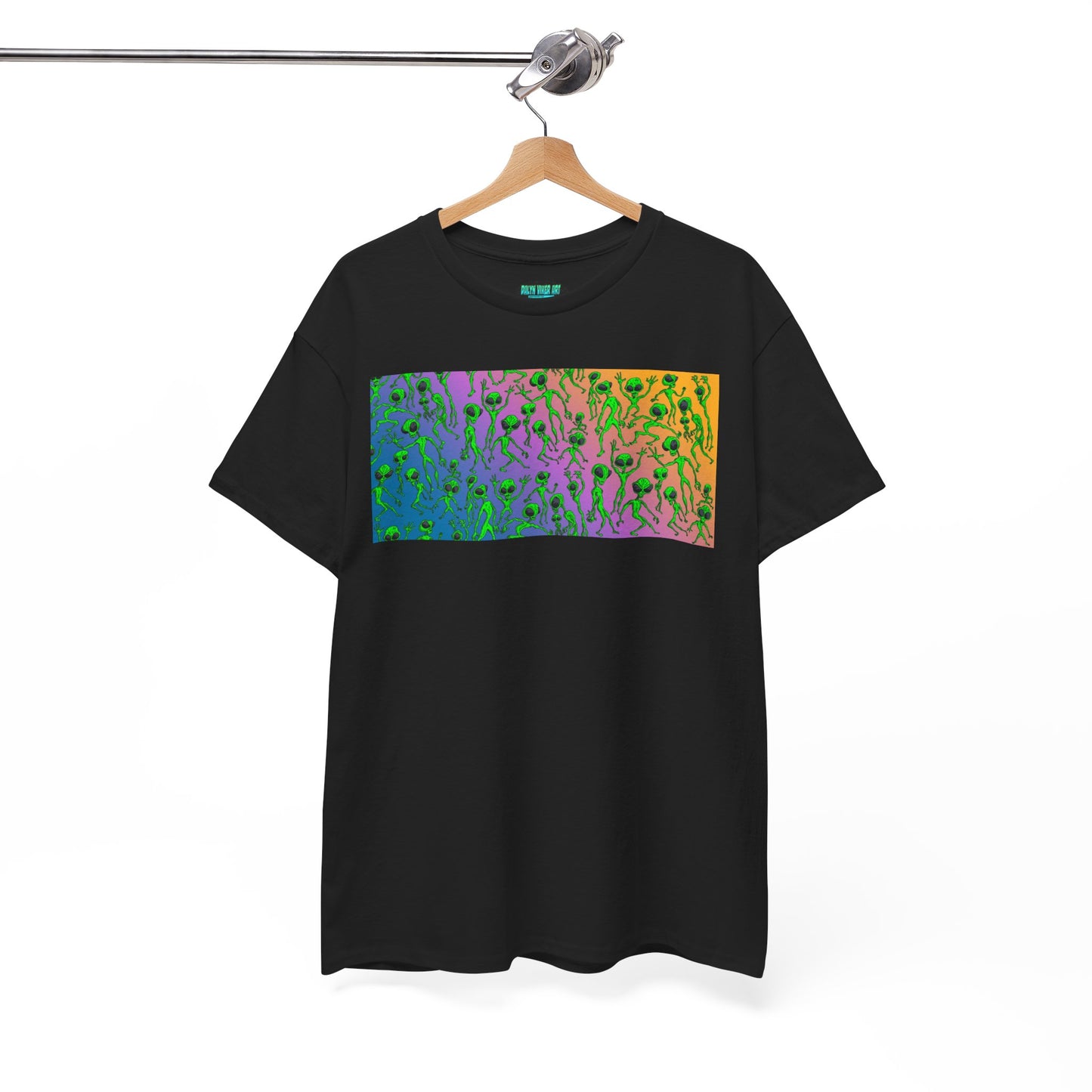 Alien Dance Party Gradient Tee — Colorful Psychedelic Green Aliens Art T-Shirt