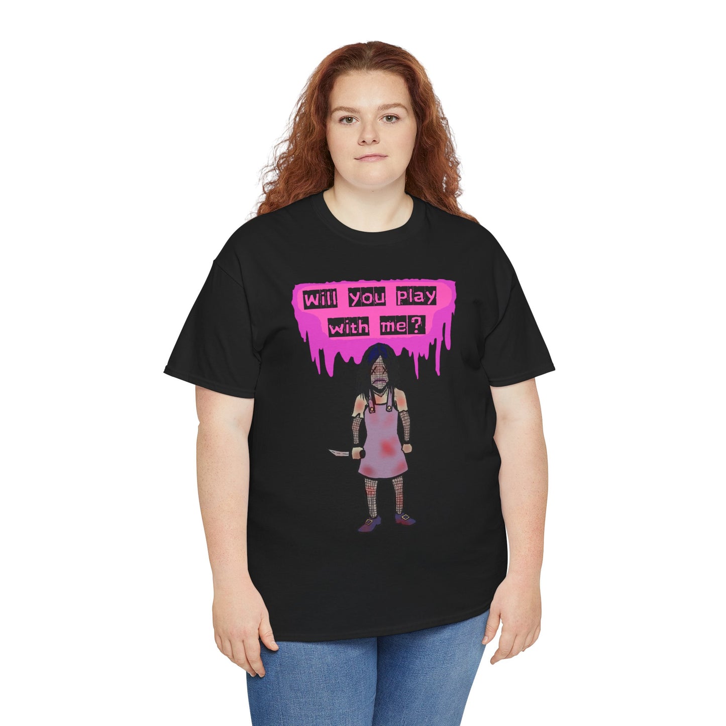 Playful Evil Doll Horror Graphic Tee, Unisex Heavy Cotton Shirt, Casual Wear, Unique Gift, Halloween Costume, Quirky Fashion