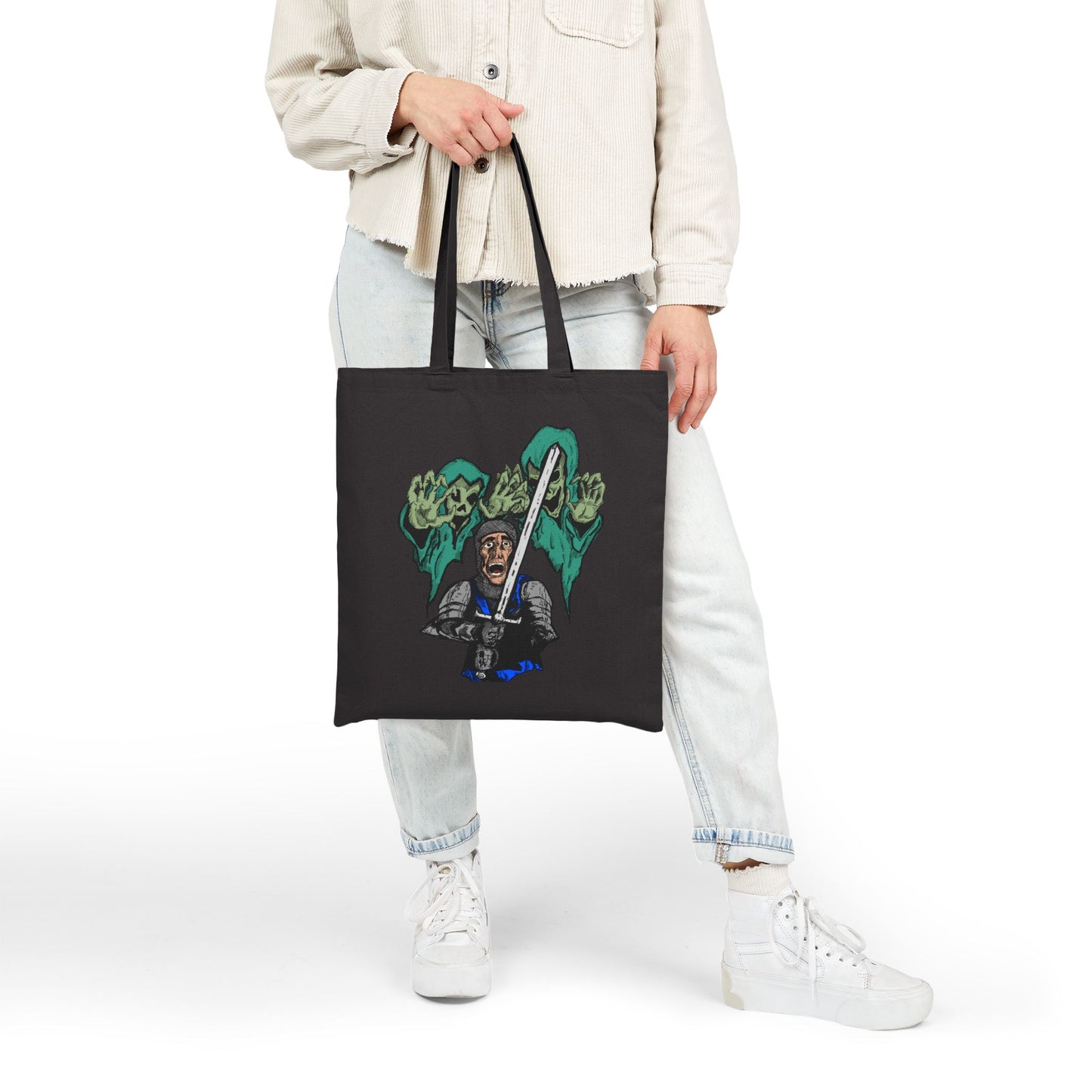 Knight Fright Graphic Canvas Tote — Warrior with Sword & Wraiths Design