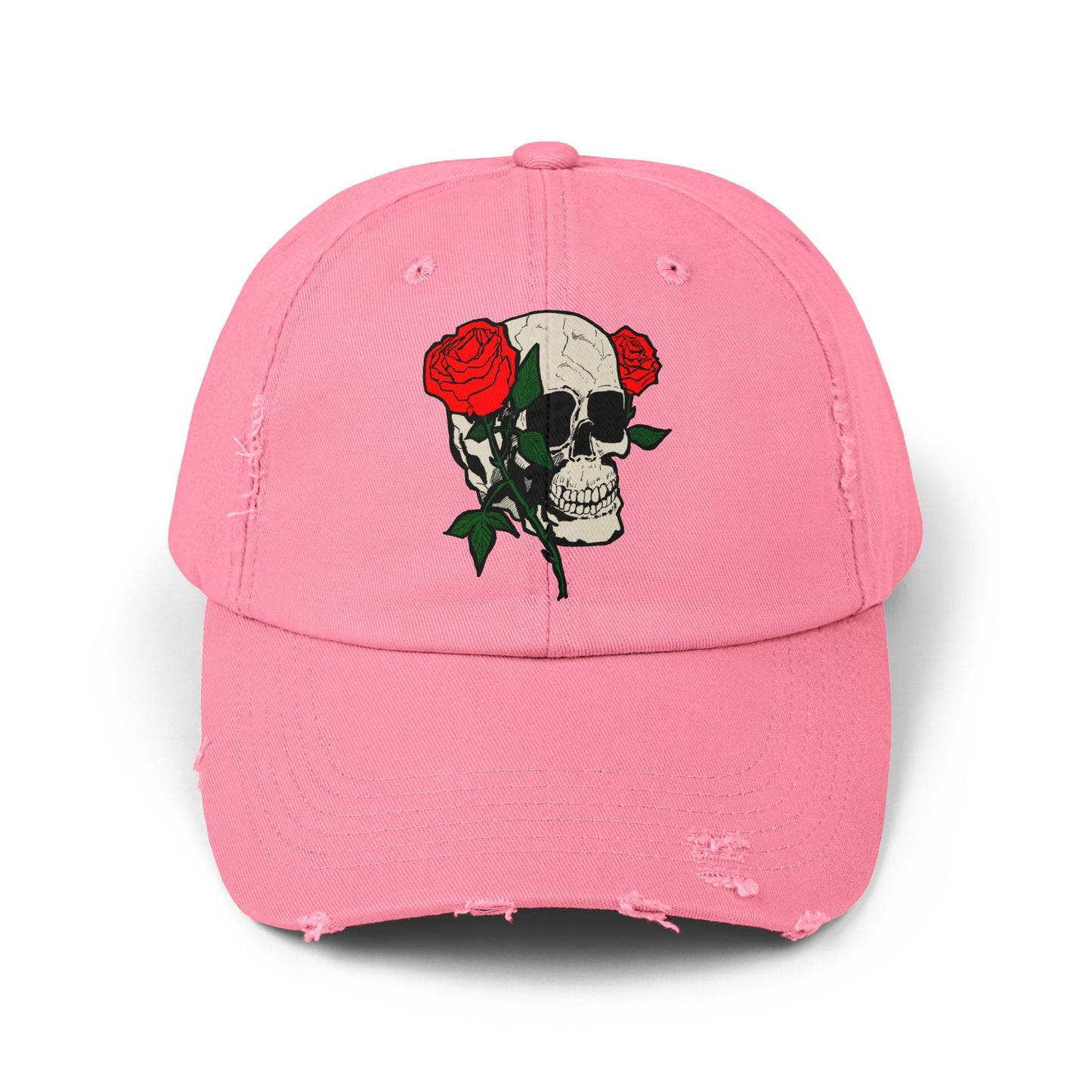Skull and Roses Distressed Unisex Cap – Edgy Fashion Accessory for Music Lovers