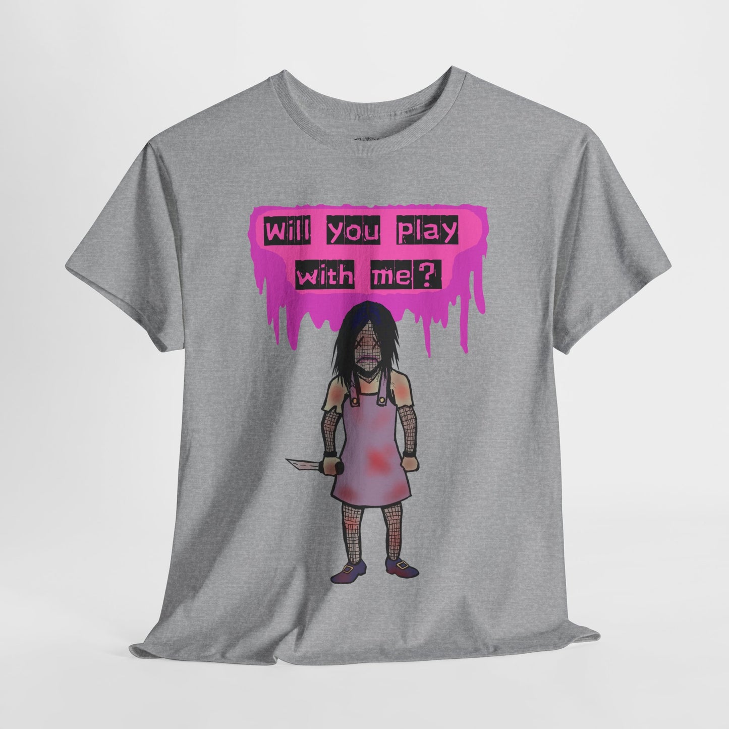 Playful Evil Doll Horror Graphic Tee, Unisex Heavy Cotton Shirt, Casual Wear, Unique Gift, Halloween Costume, Quirky Fashion