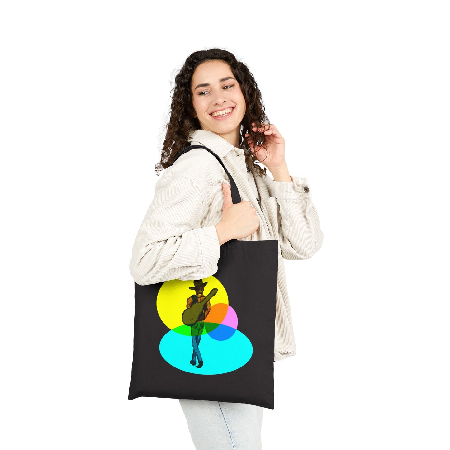 Cowboy Musician Tote Bag — Silhouette Guitarist Colorful Retro Circles Canvas Tote