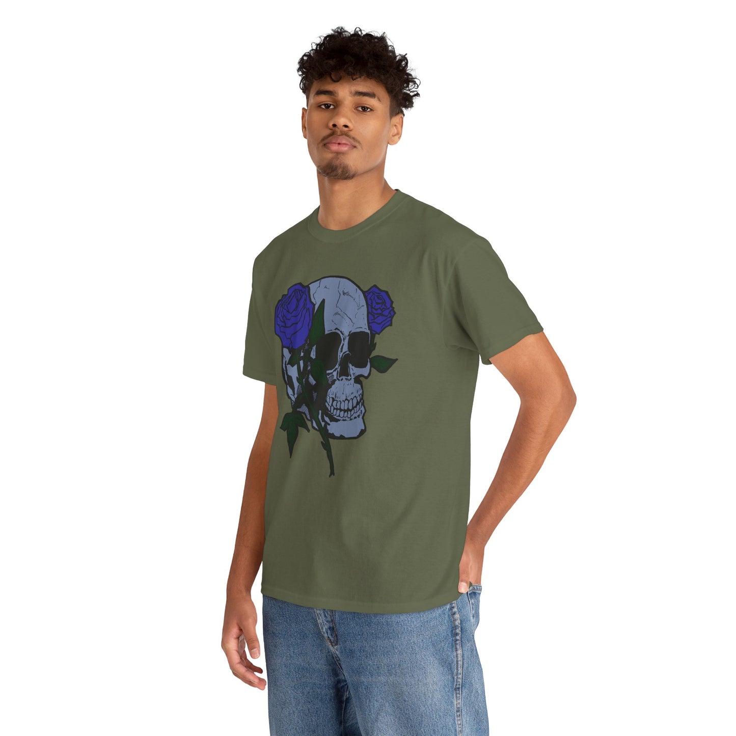 Unisex Heavy Cotton Tee with Skull and Rose Design - Edgy Streetwear Top