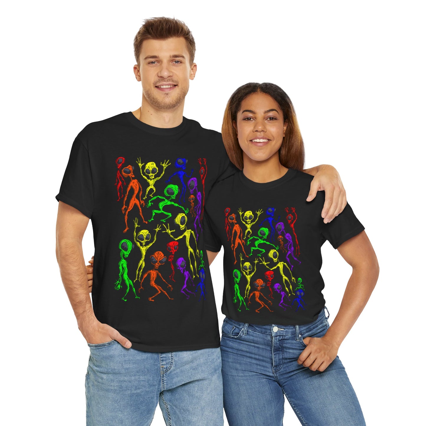 Rainbow Alien Dance Party Unisex Tee - Cosmic Sci-Fi Shirt