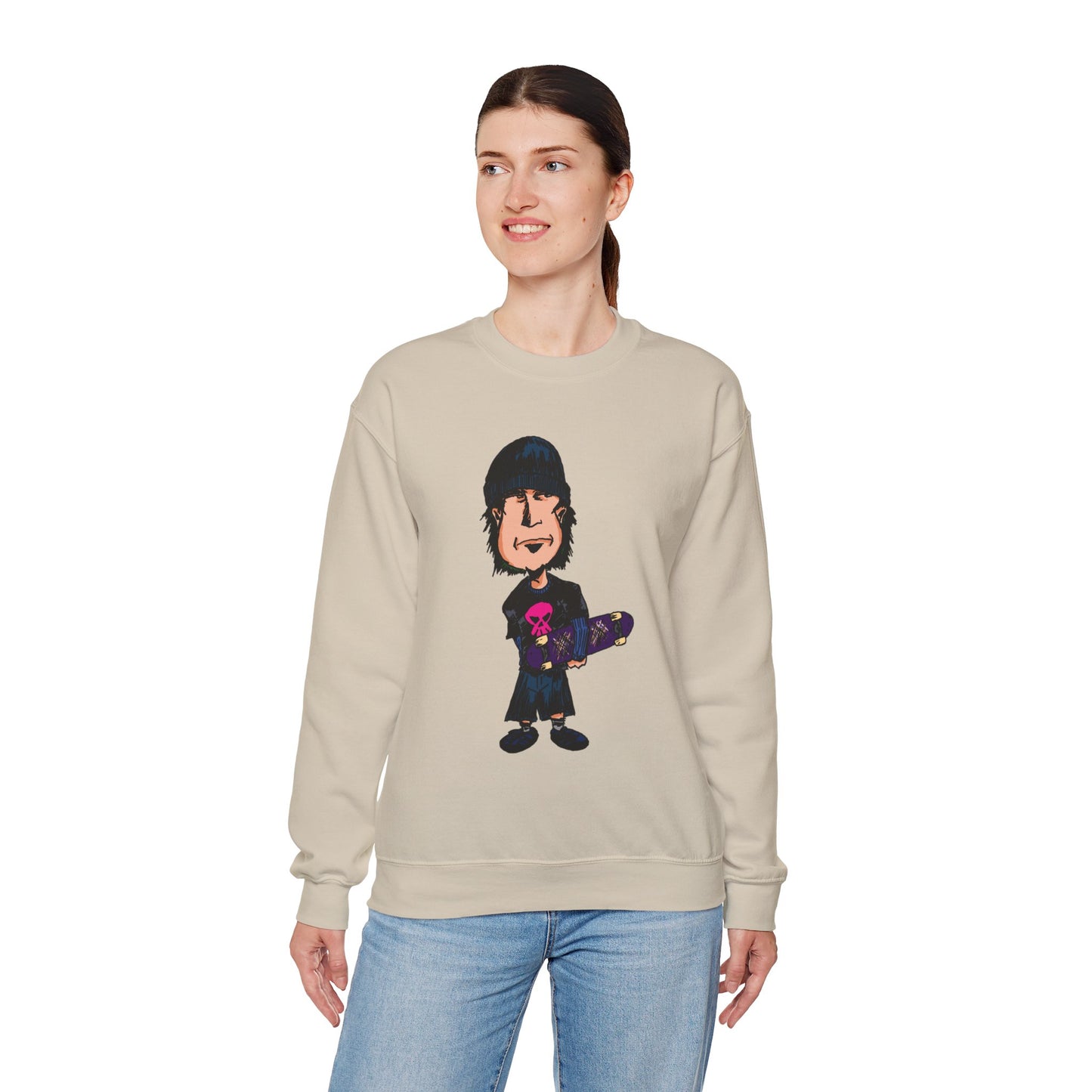 Rude Skater Dude - Skate Punk - Cartoon Skater Crewneck Sweatshirt – Cute Skateboarder Graphic Pullover