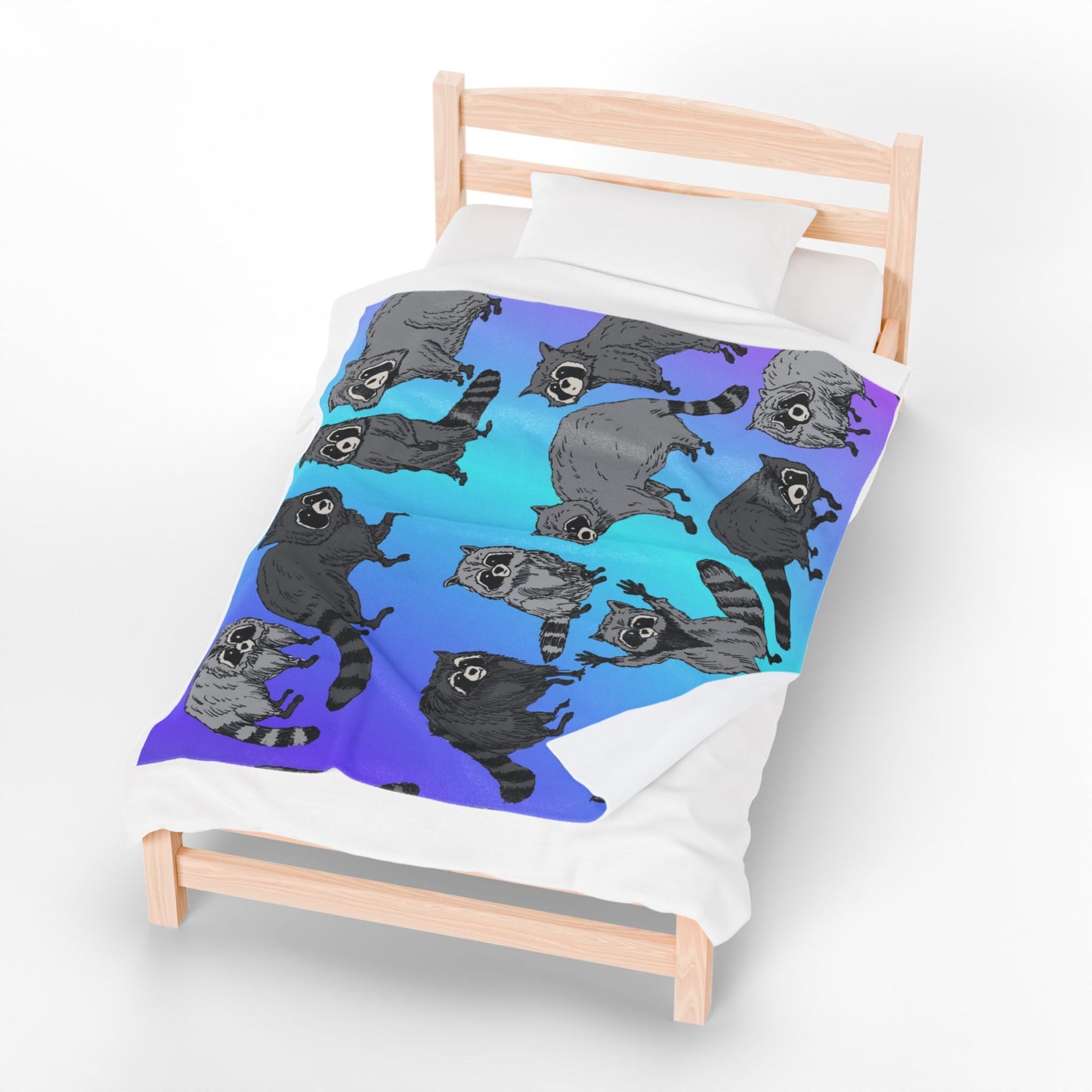 Raccoon Pattern Velveteen Plush Blanket — Cozy Blue Gradient Throw for Animal Lovers