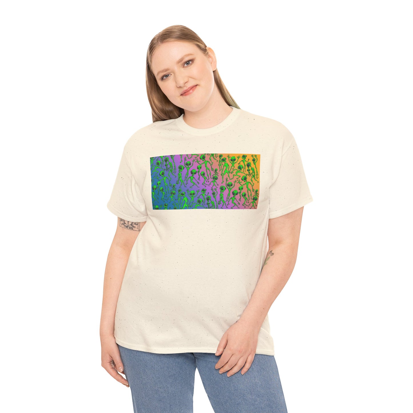 Alien Dance Party Gradient Tee — Colorful Psychedelic Green Aliens Art T-Shirt