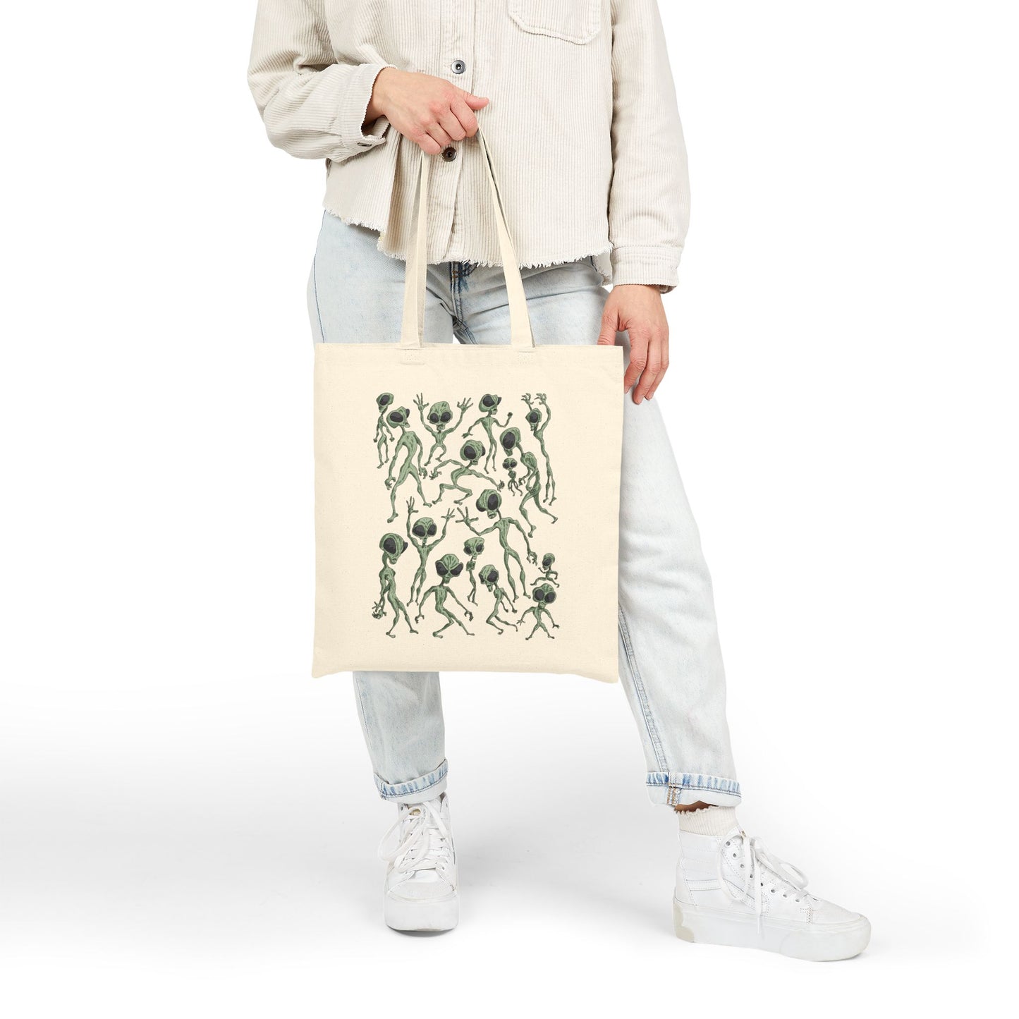 Alien Dance Party Tote — Dancing Green Thistle Pattern Cotton Canvas Tote Bag