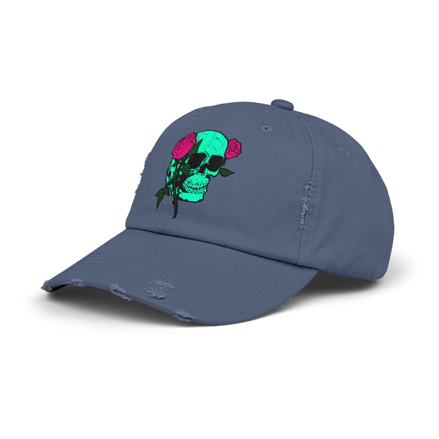 Trendy Distressed Skull Cap with Roses