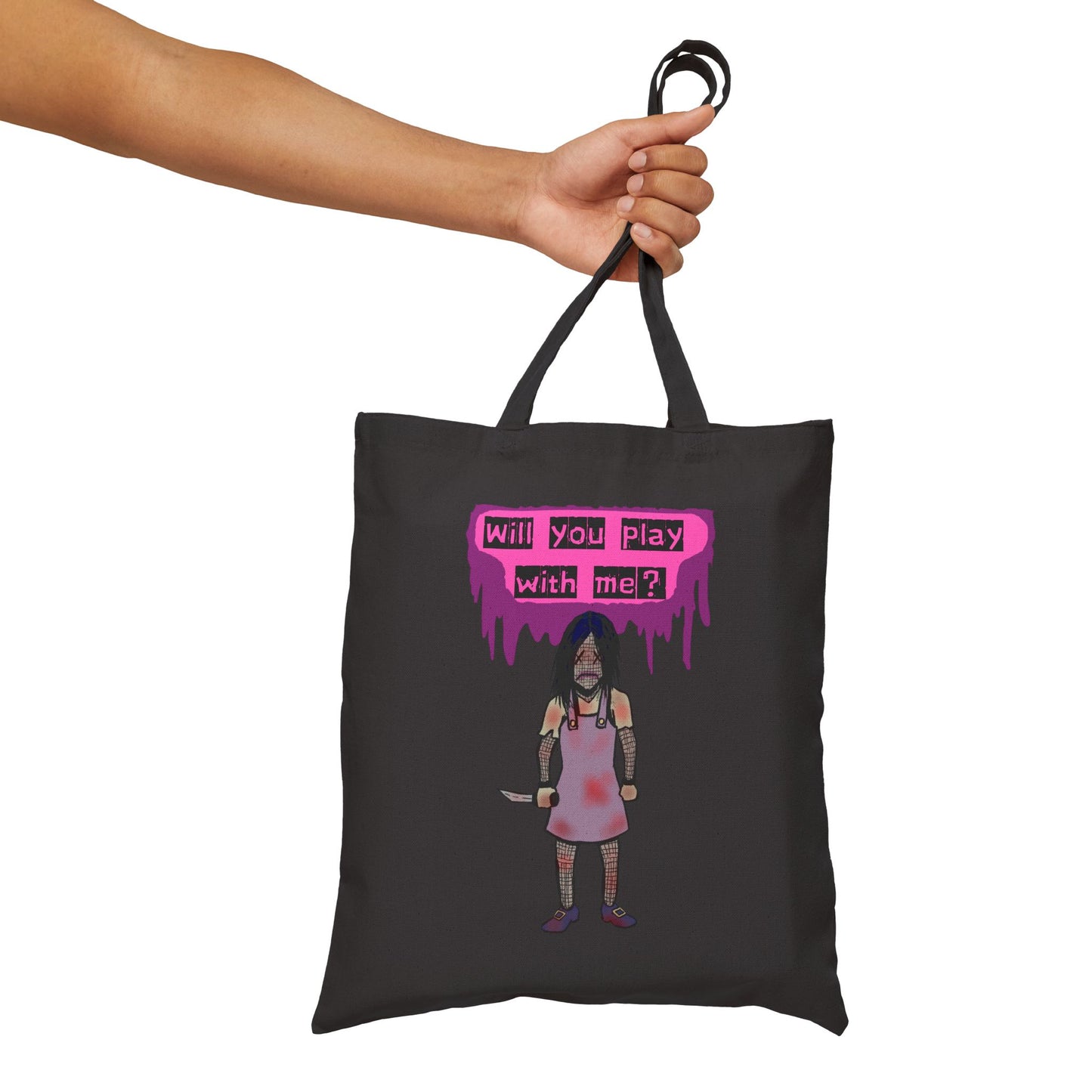 Tote Bag — 'Will You Play With Me?' Horror Creepy Doll Canvas Tote