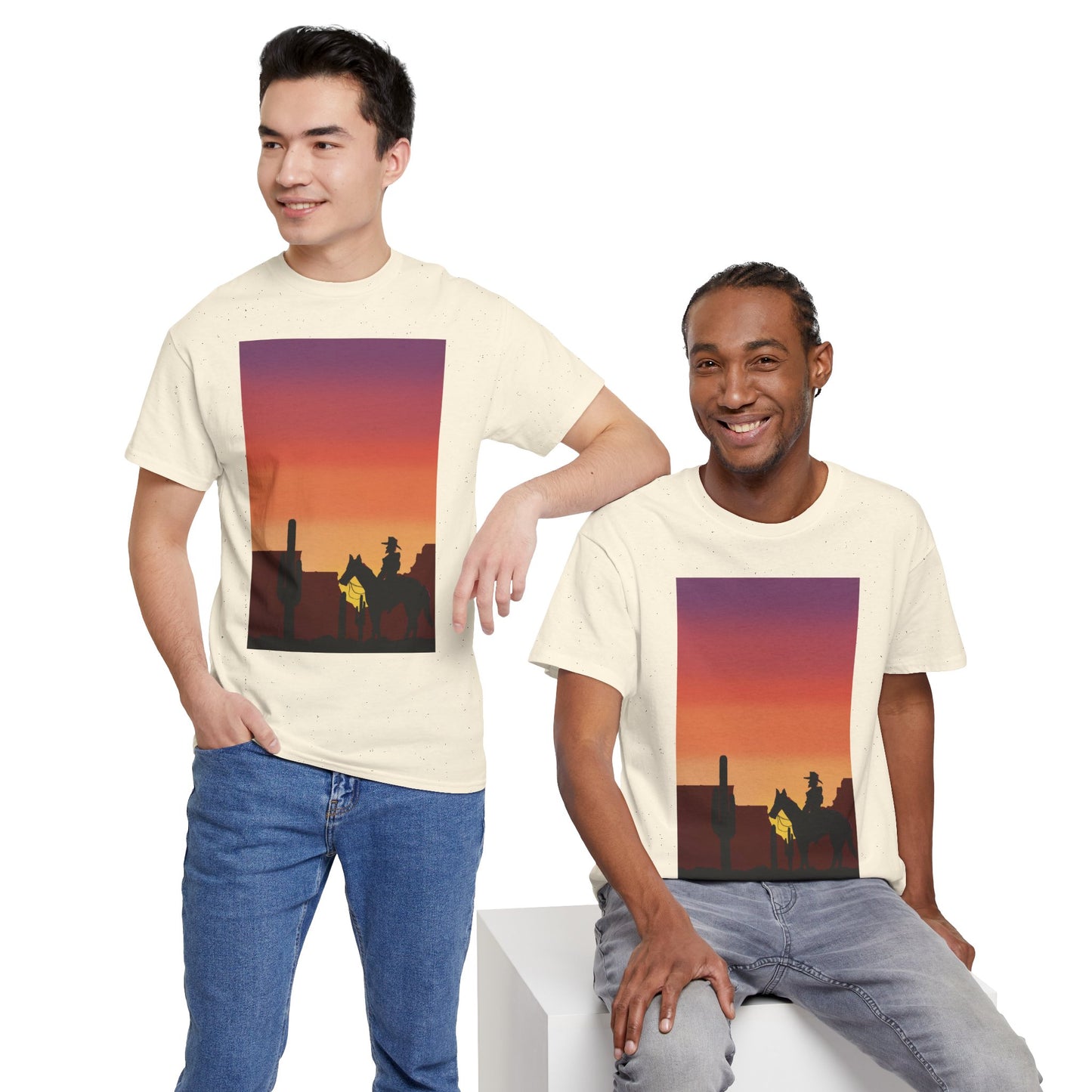 Sunset Cowboy Unisex Heavy Cotton Tee - Western Graphic Tee for Nature Lovers