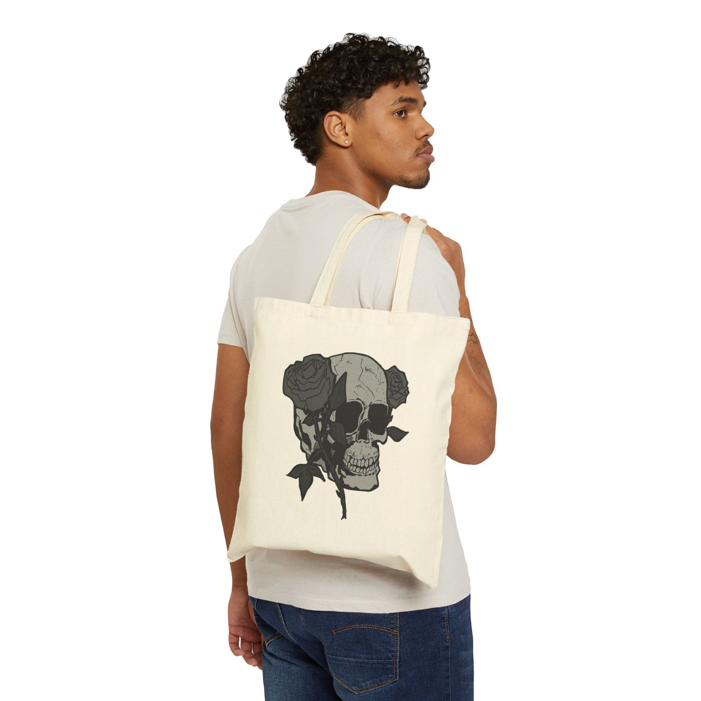 Skull with Roses Canvas Tote Bag — Gothic Floral Reusable Market Bag