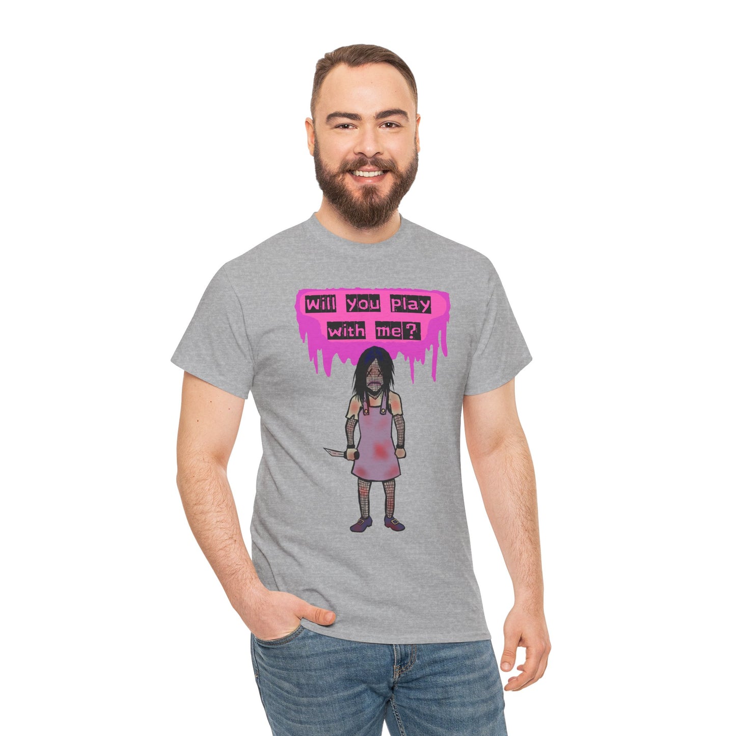 Playful Evil Doll Horror Graphic Tee, Unisex Heavy Cotton Shirt, Casual Wear, Unique Gift, Halloween Costume, Quirky Fashion