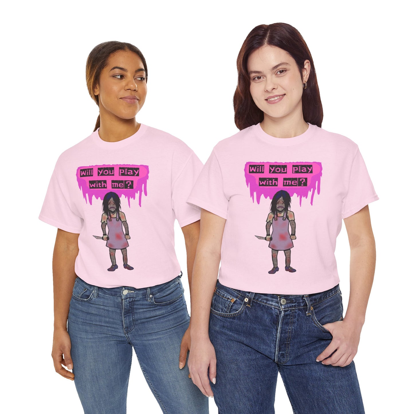 Playful Evil Doll Horror Graphic Tee, Unisex Heavy Cotton Shirt, Casual Wear, Unique Gift, Halloween Costume, Quirky Fashion