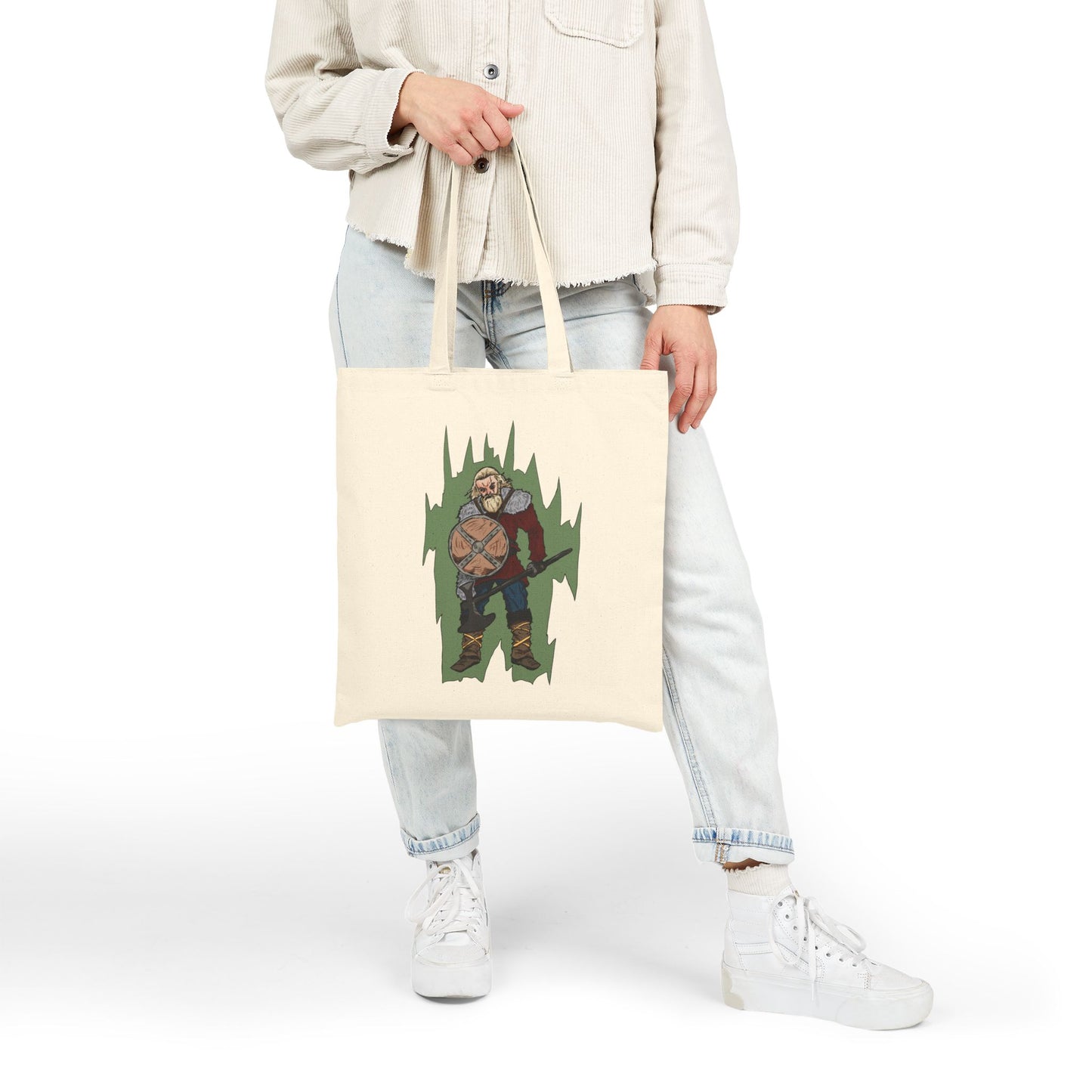 Viking Warrior Canvas Tote Bag – Norse Shield & Axe Graphic Cotton Tote