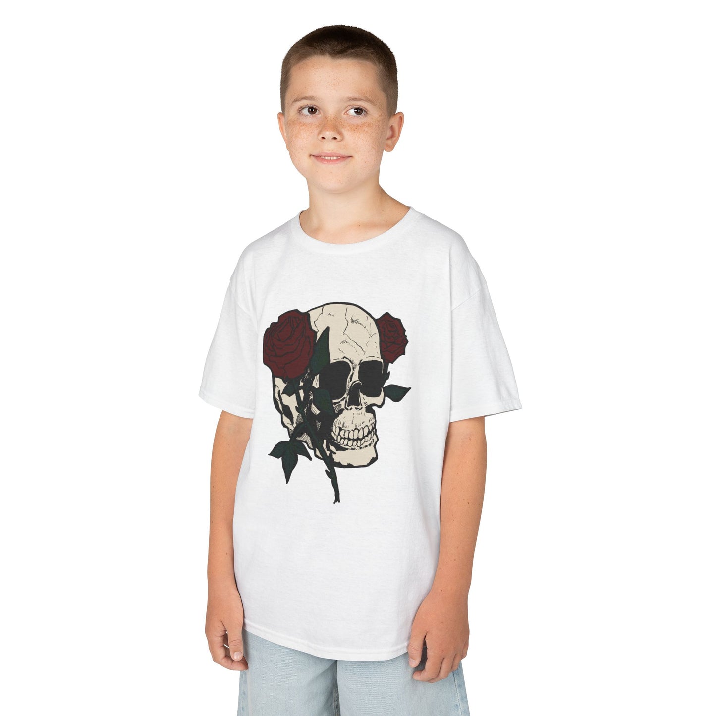 Kids Heavy Cotton Tee - Skull and Roses Graphic Tee for Trendy Kids
