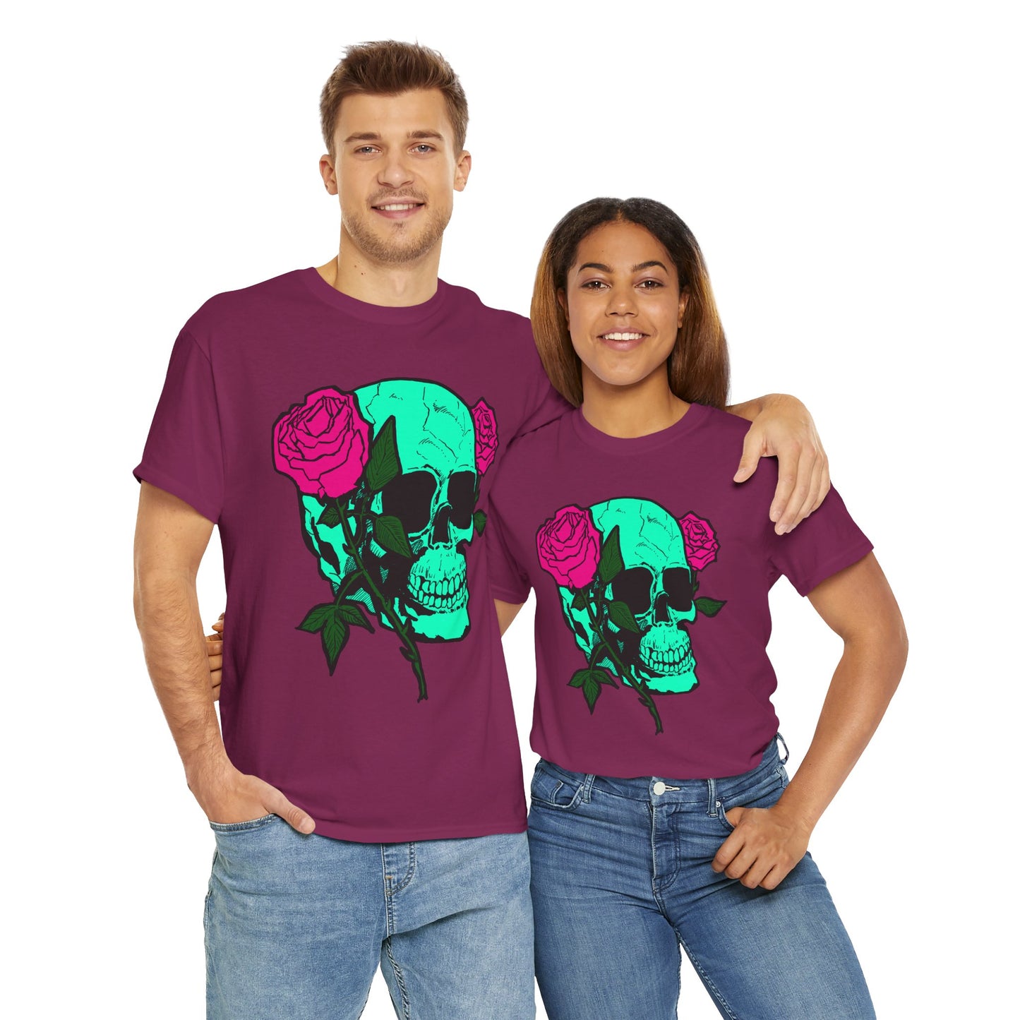 Edgy Skull & Roses Unisex Heavy Cotton Tee - Graphic T-Shirt for Alternative Fashion Lovers