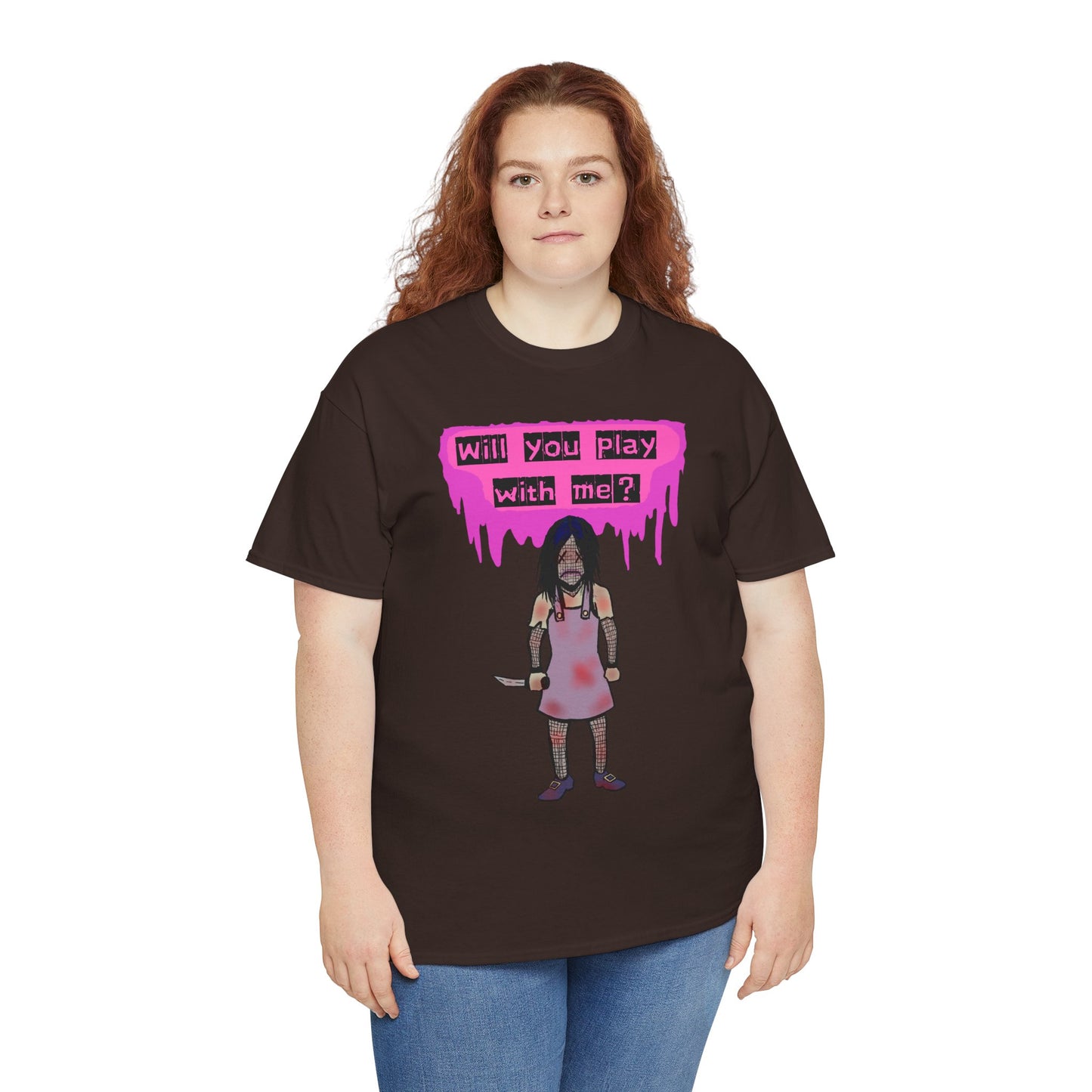 Playful Evil Doll Horror Graphic Tee, Unisex Heavy Cotton Shirt, Casual Wear, Unique Gift, Halloween Costume, Quirky Fashion