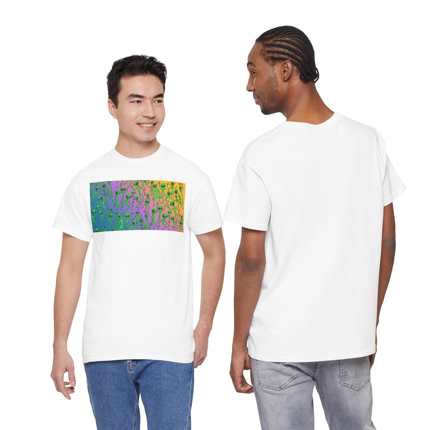 Alien Dance Party Gradient Tee — Colorful Psychedelic Green Aliens Art T-Shirt