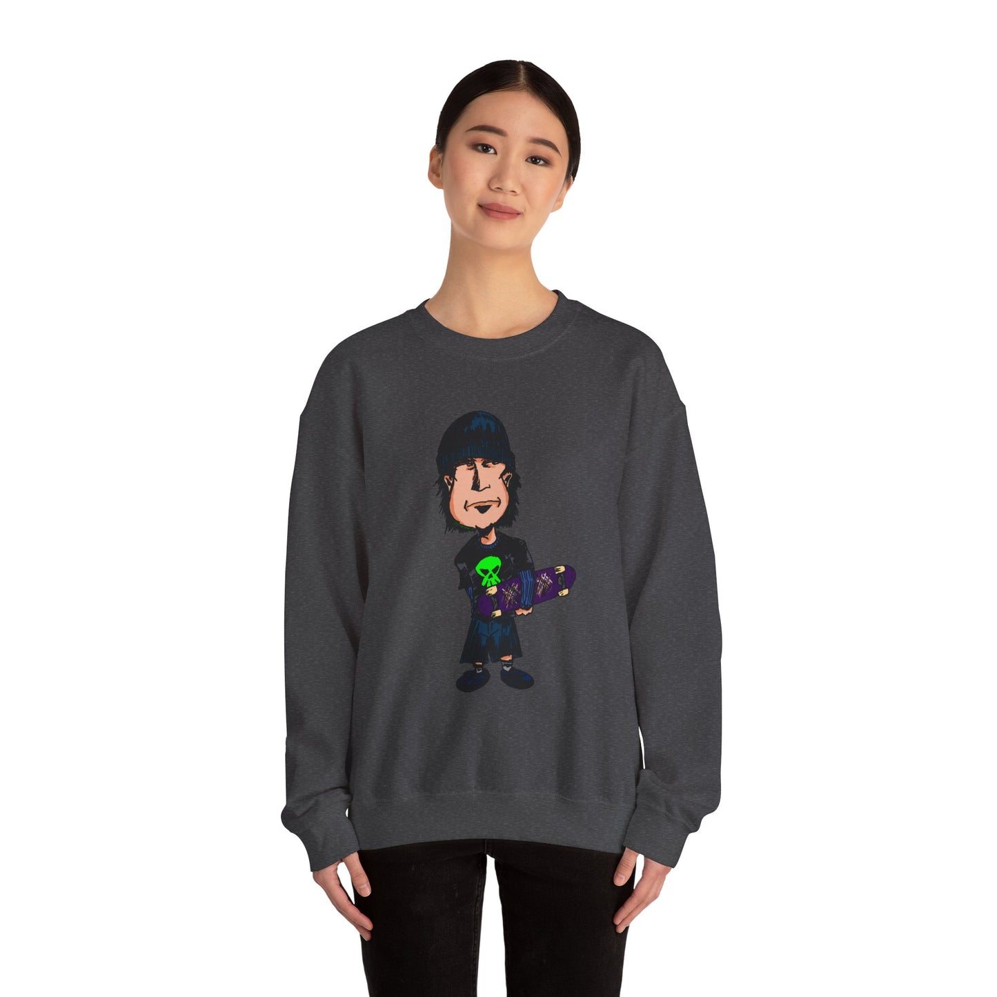 Rude Skater Dude - Cartoon Skate Punk Crewneck Sweatshirt — Retro Skateboard Character Graphic