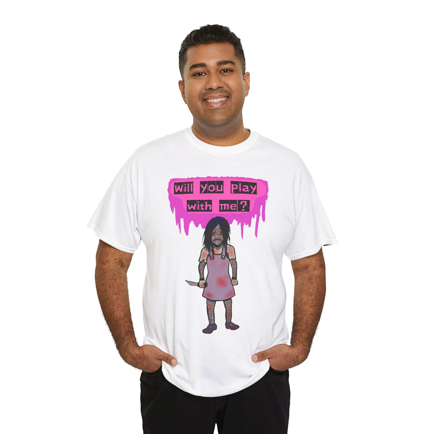 Playful Evil Doll Horror Graphic Tee, Unisex Heavy Cotton Shirt, Casual Wear, Unique Gift, Halloween Costume, Quirky Fashion