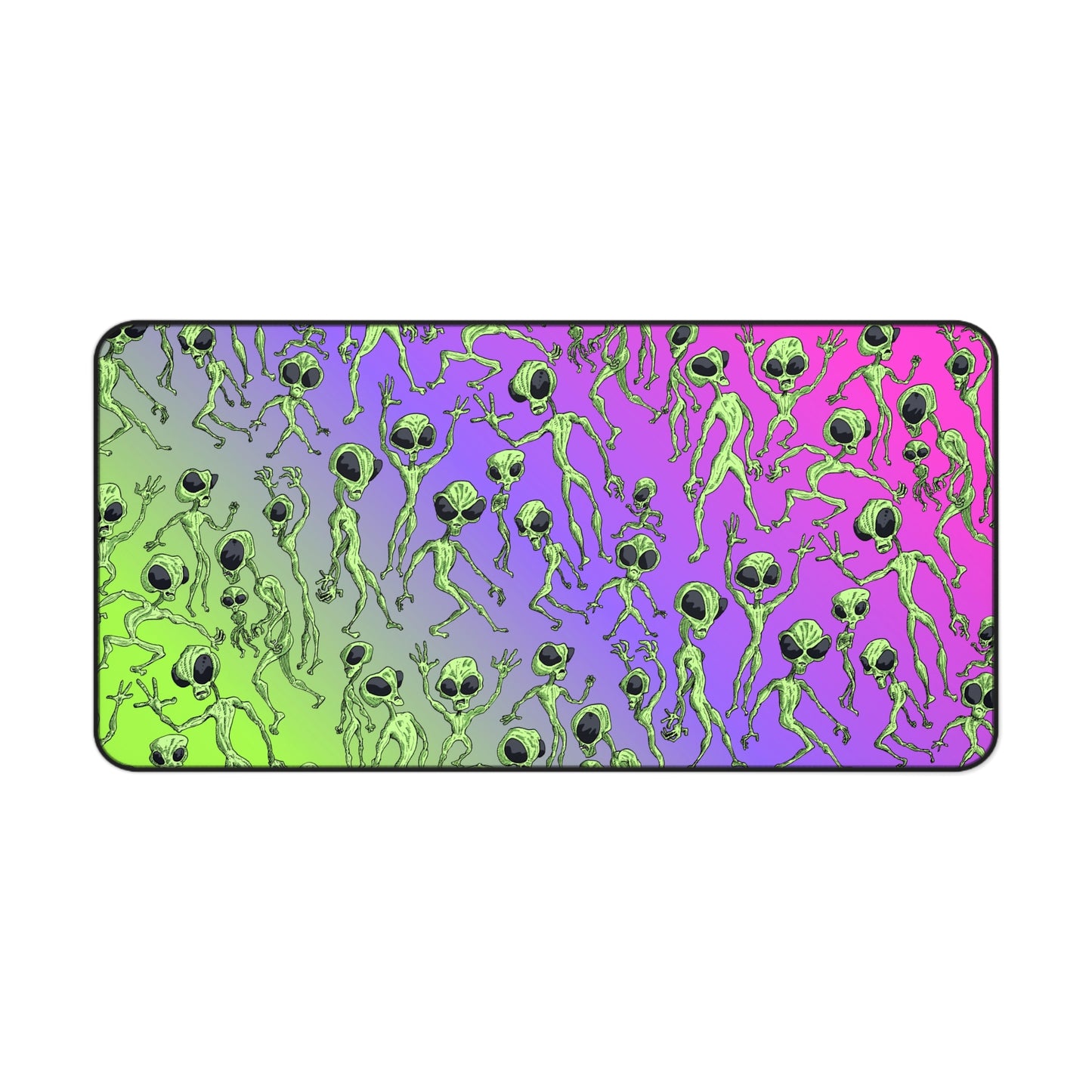 Alien Dance Party Pattern Desk Mat — Neon Green & Purple Gamer Mouse Pad