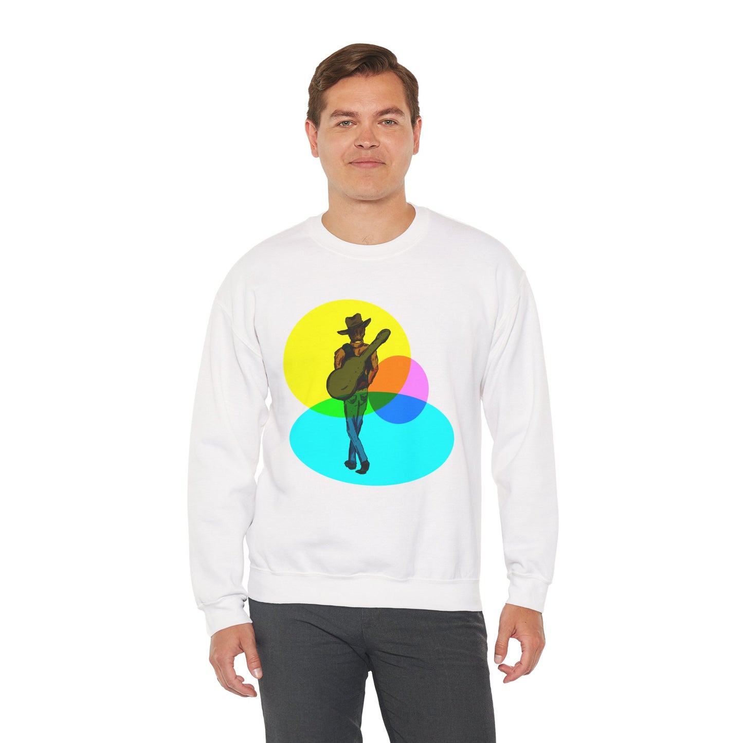 Cowboy Guitarist Graphic Sweatshirt — Retro Color Spot Music Pullover