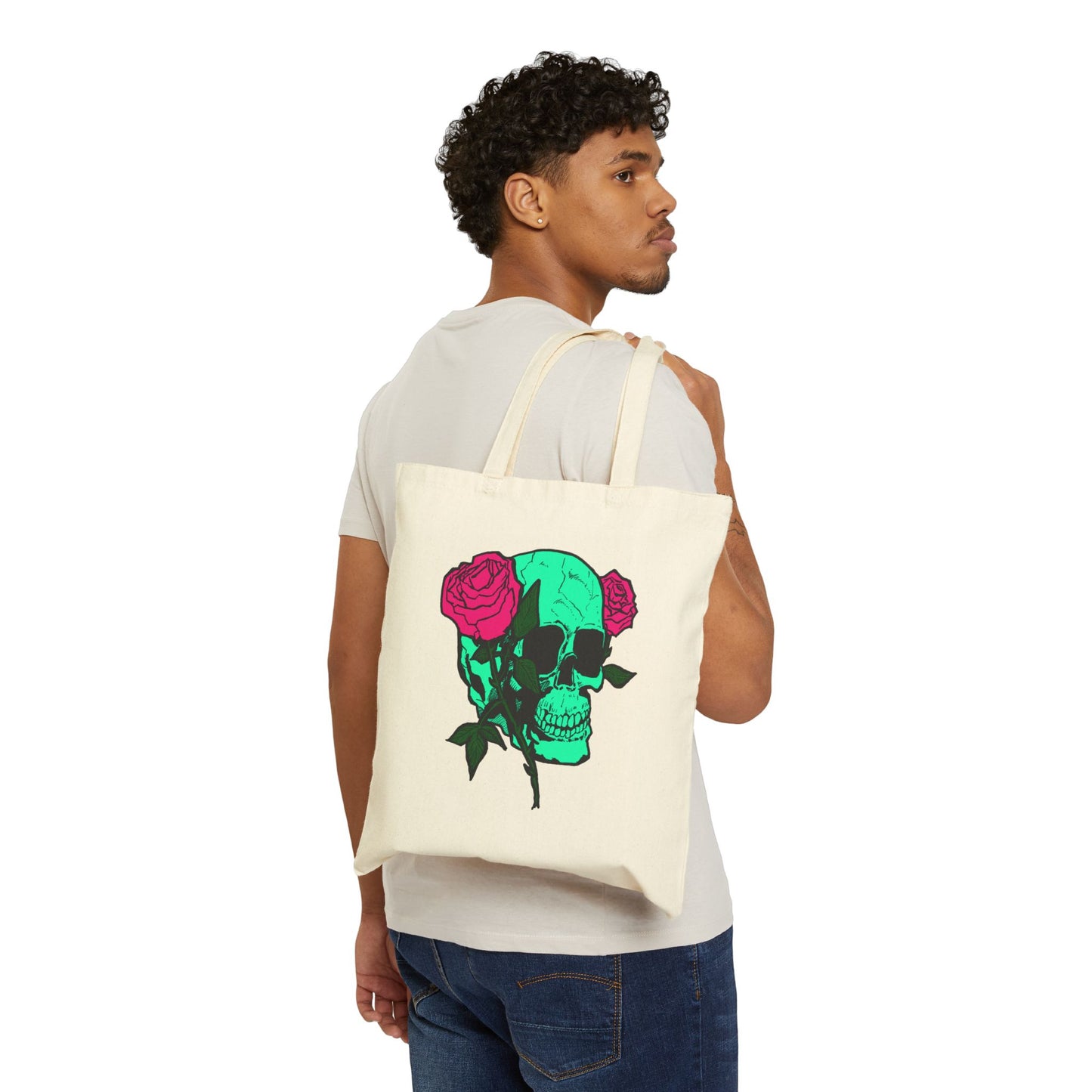 Skull & Roses Canvas Tote — Green Skull with Pink Roses Cotton Bag
