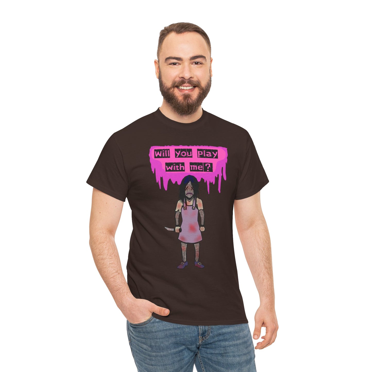 Playful Evil Doll Horror Graphic Tee, Unisex Heavy Cotton Shirt, Casual Wear, Unique Gift, Halloween Costume, Quirky Fashion