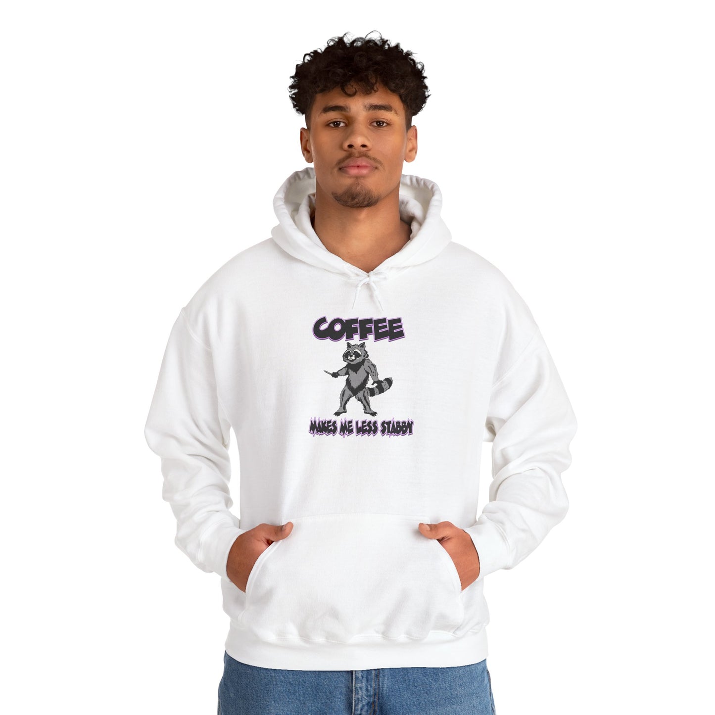 Coffee Makes Me Less Stabby Themed Unisex Hoodie with Fun Raccoon Design, Perfect for Coffee Lovers, Gift for Birthdays, Chill Days, Cozy Sweater