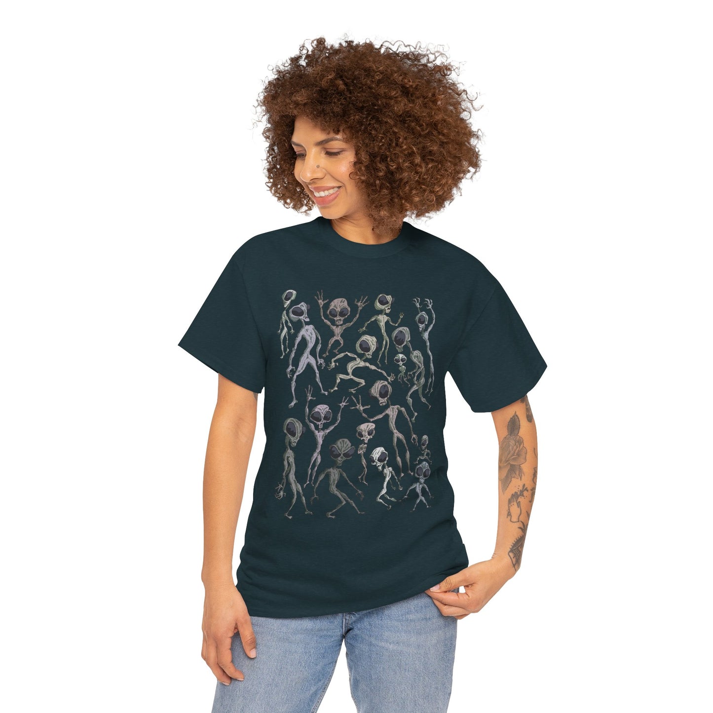 Funky Alien Dance Party Tee, Unisex Heavy Cotton Shirt, Fun Graphic Tee, Casual Wear for Parties, Unique Gift for Alien Lovers