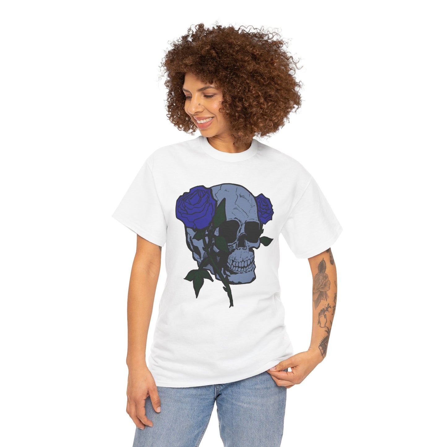 Unisex Heavy Cotton Tee with Skull and Rose Design - Edgy Streetwear Top