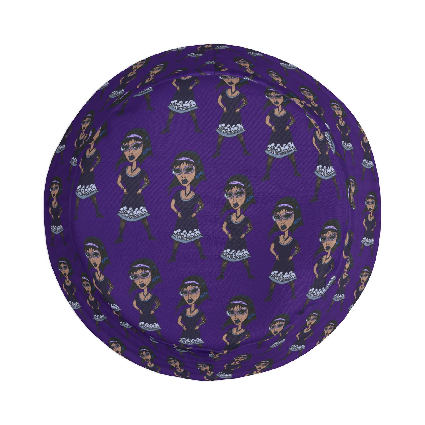 Purple Retro Goth Girl Pattern Bucket Hat — All-Over Print Fashion Accessory
