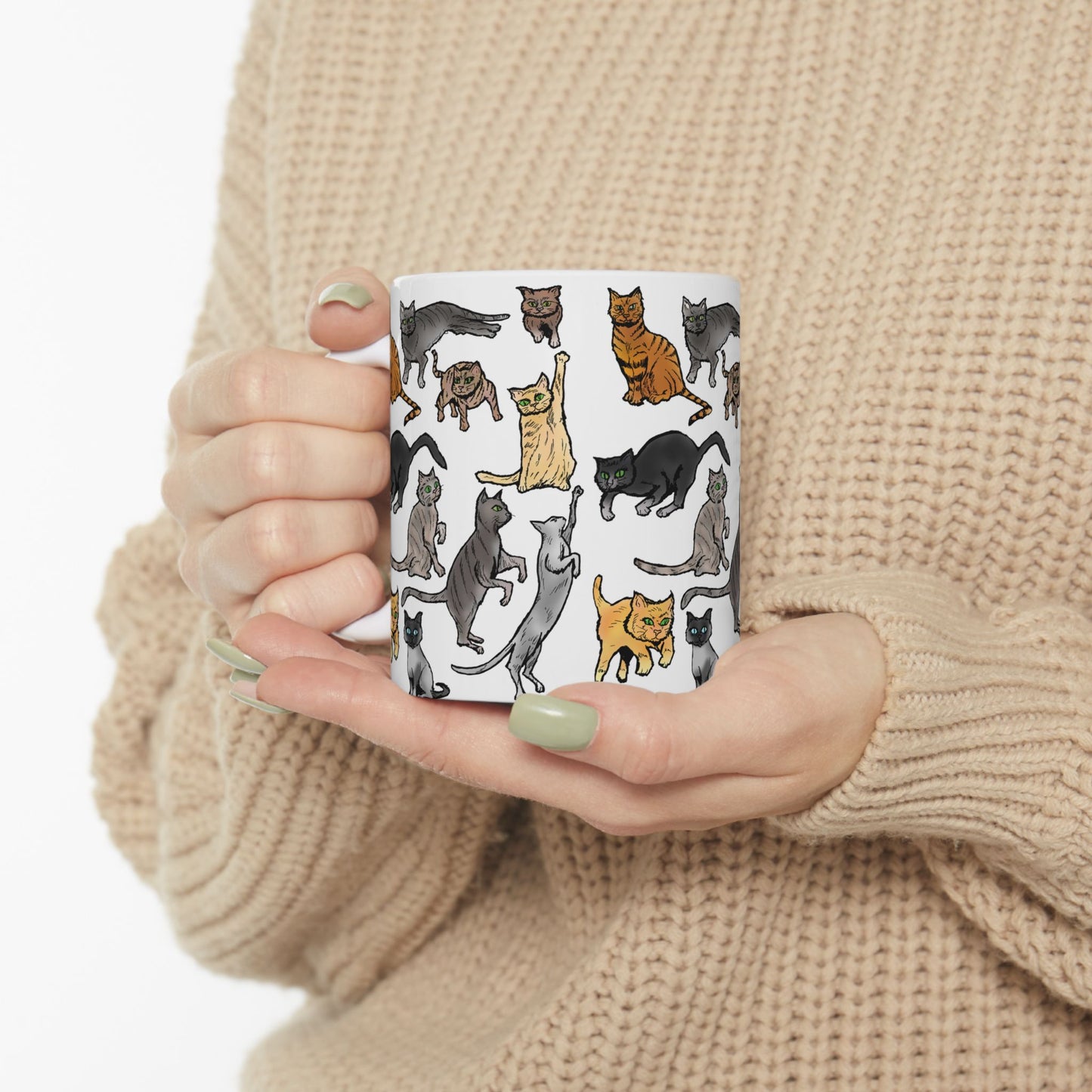 Cat Pattern Ceramic Mug — Cute Illustrated Cats Coffee Cup (11oz, 15oz)