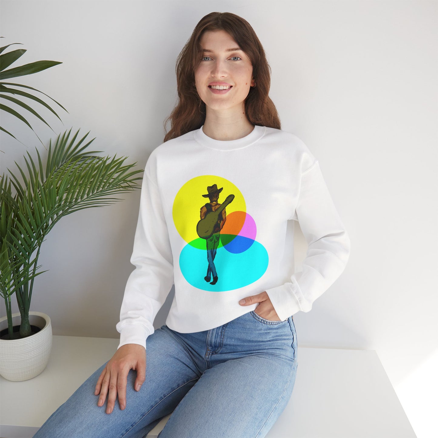 Cowboy Guitarist Graphic Sweatshirt — Retro Color Spot Music Pullover