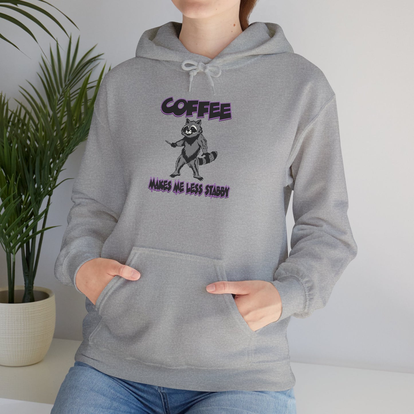 Coffee Makes Me Less Stabby Themed Unisex Hoodie with Fun Raccoon Design, Perfect for Coffee Lovers, Gift for Birthdays, Chill Days, Cozy Sweater