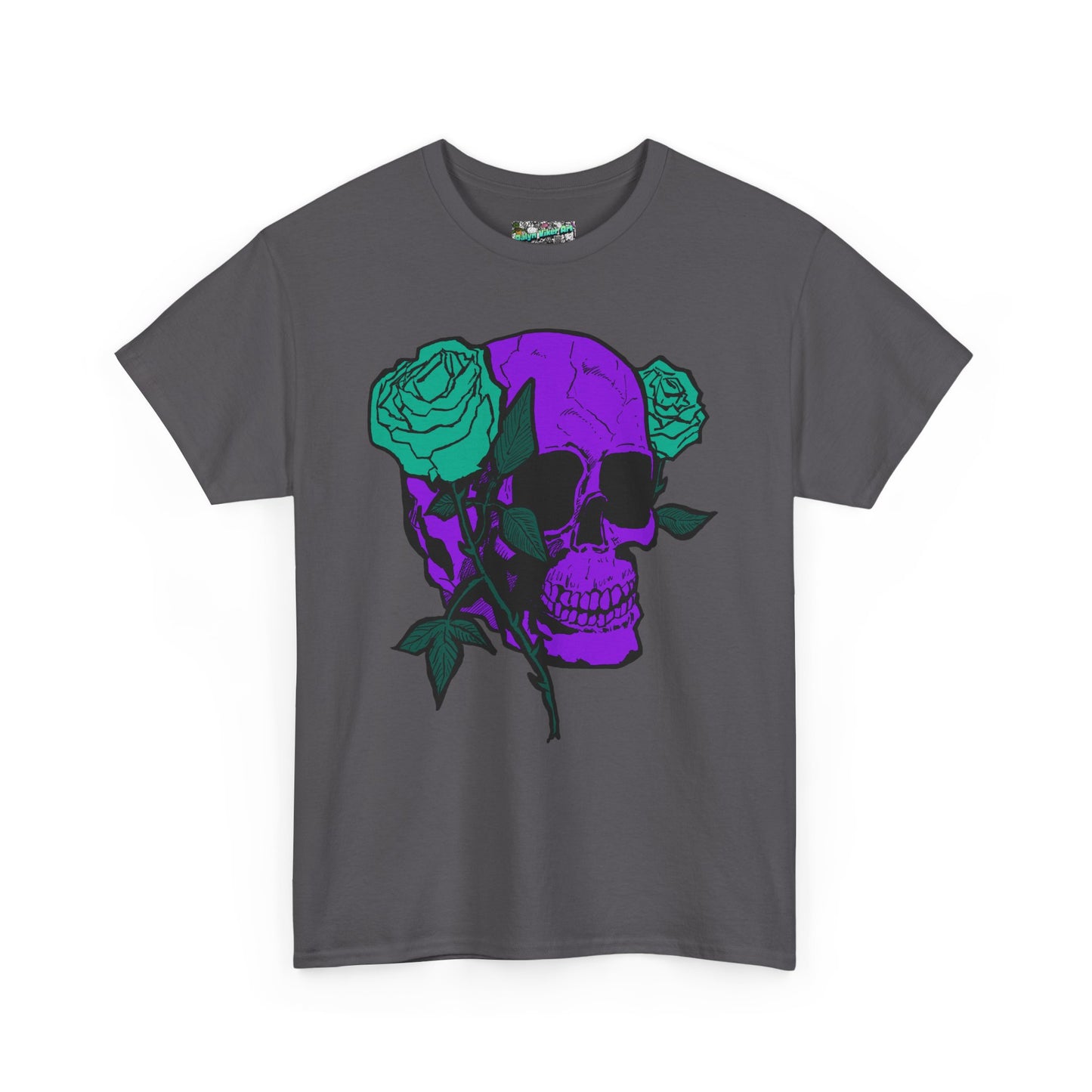 Skull & Rose Tee — Purple Skull with Turquoise Roses Graphic T-Shirt