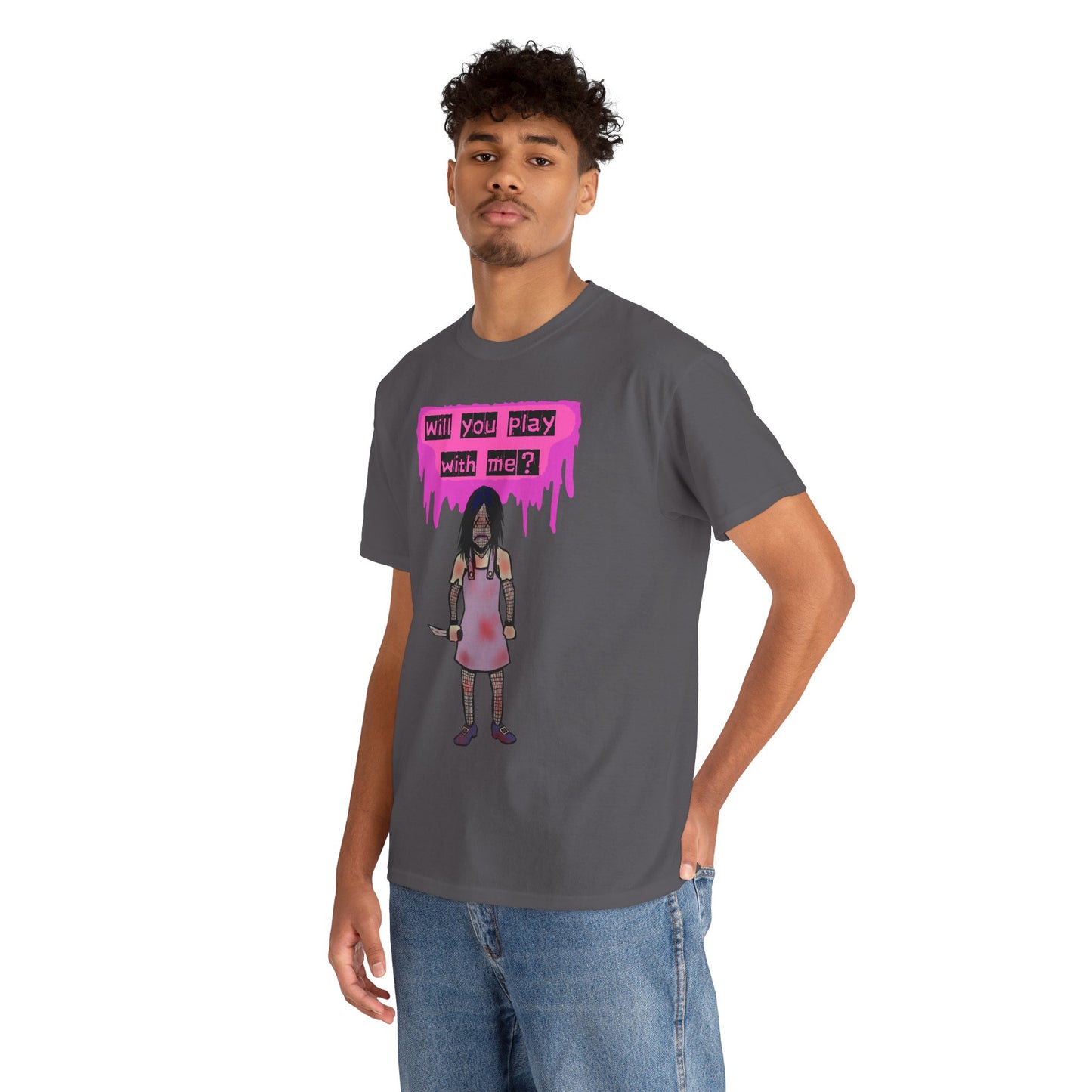Playful Evil Doll Horror Graphic Tee, Unisex Heavy Cotton Shirt, Casual Wear, Unique Gift, Halloween Costume, Quirky Fashion