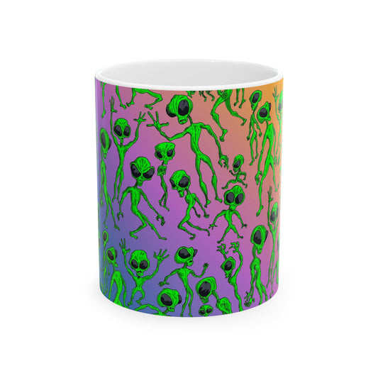 Alien Dance Party Ceramic Mug — Colorful Psychedelic Green Aliens (11oz & 15oz)