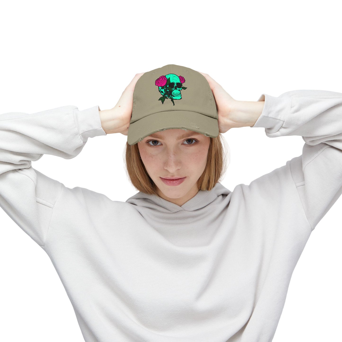 Trendy Distressed Skull Cap with Roses