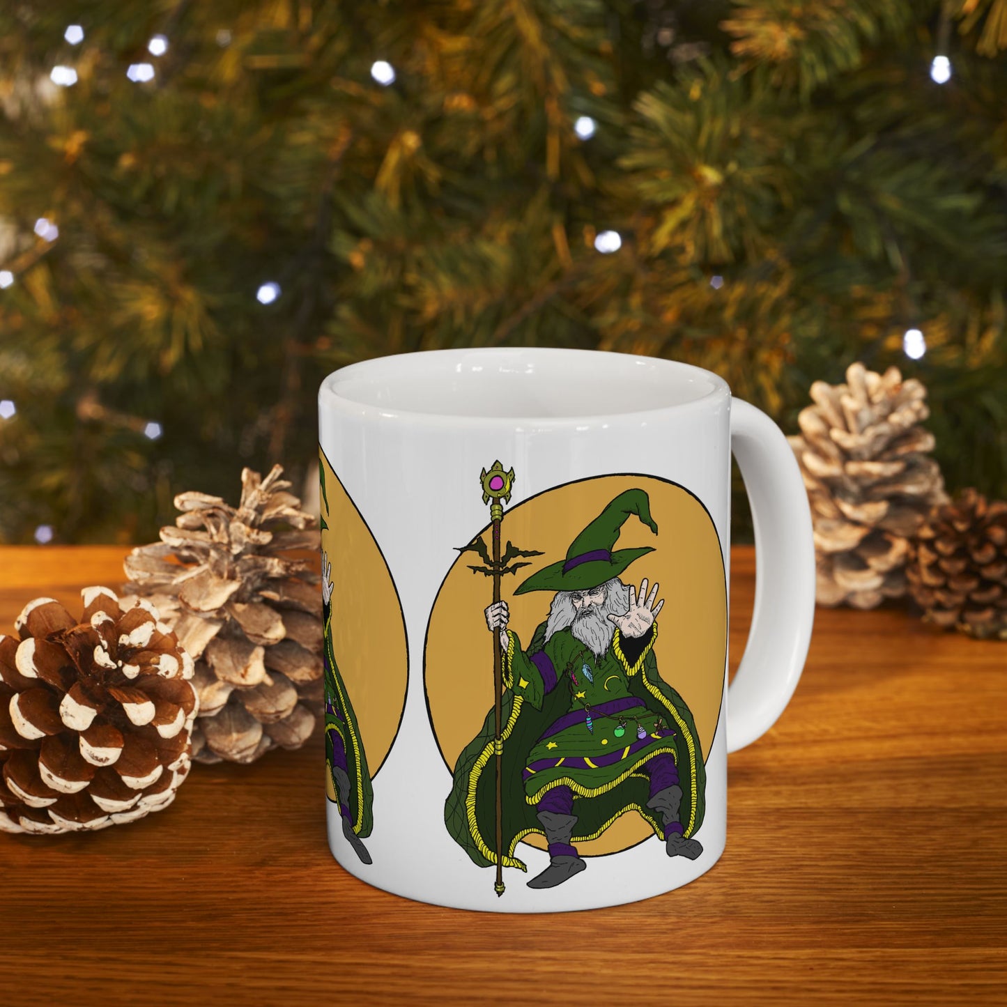 Wizard Holding a Magical Staff Ceramic Mug, (11oz)