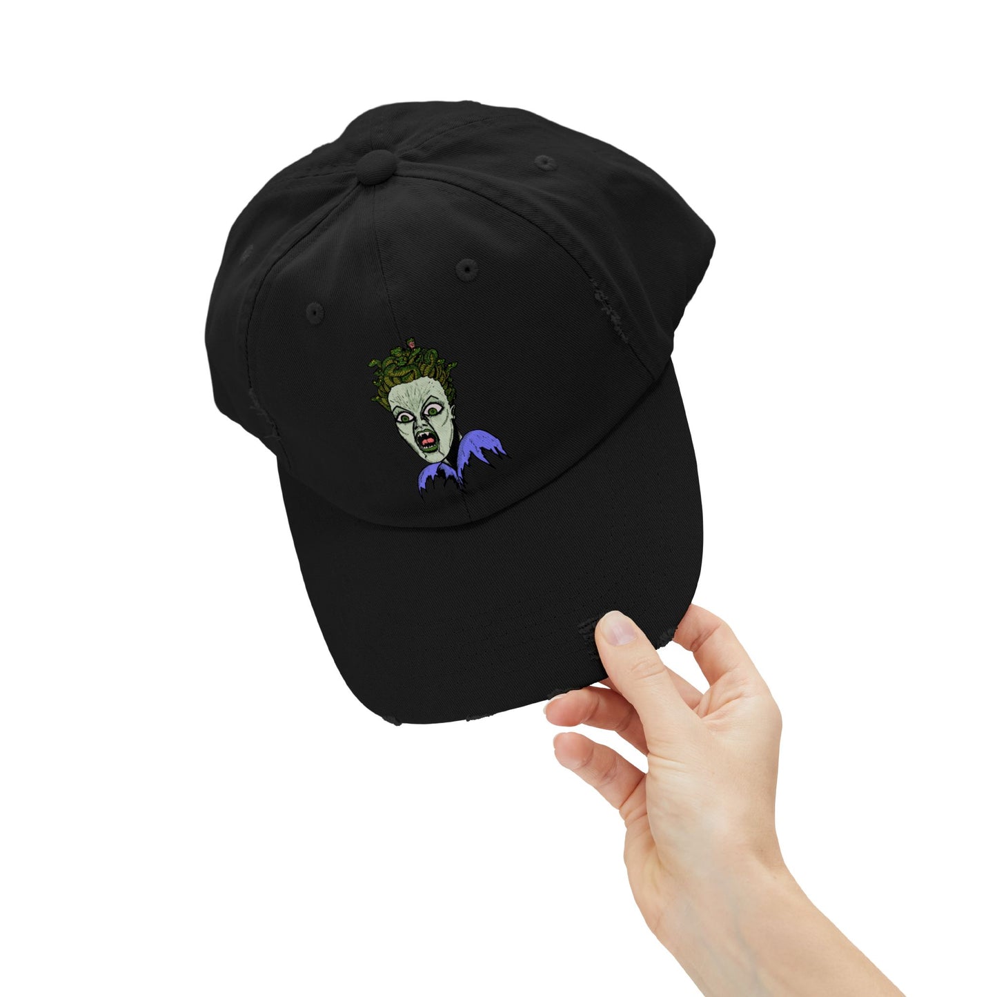 Medusa Unisex Distressed Cap with Eerie Design, Casual Hat, Halloween Accessory, Statement Cap, Gift for Horror Fans, Trendy Distressed Hat