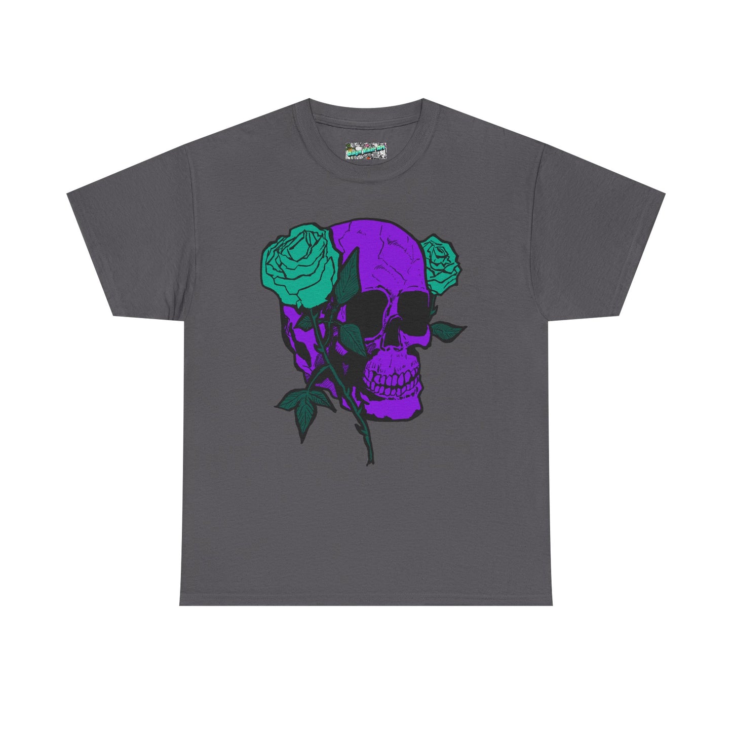 Skull & Rose Tee — Purple Skull with Turquoise Roses Graphic T-Shirt
