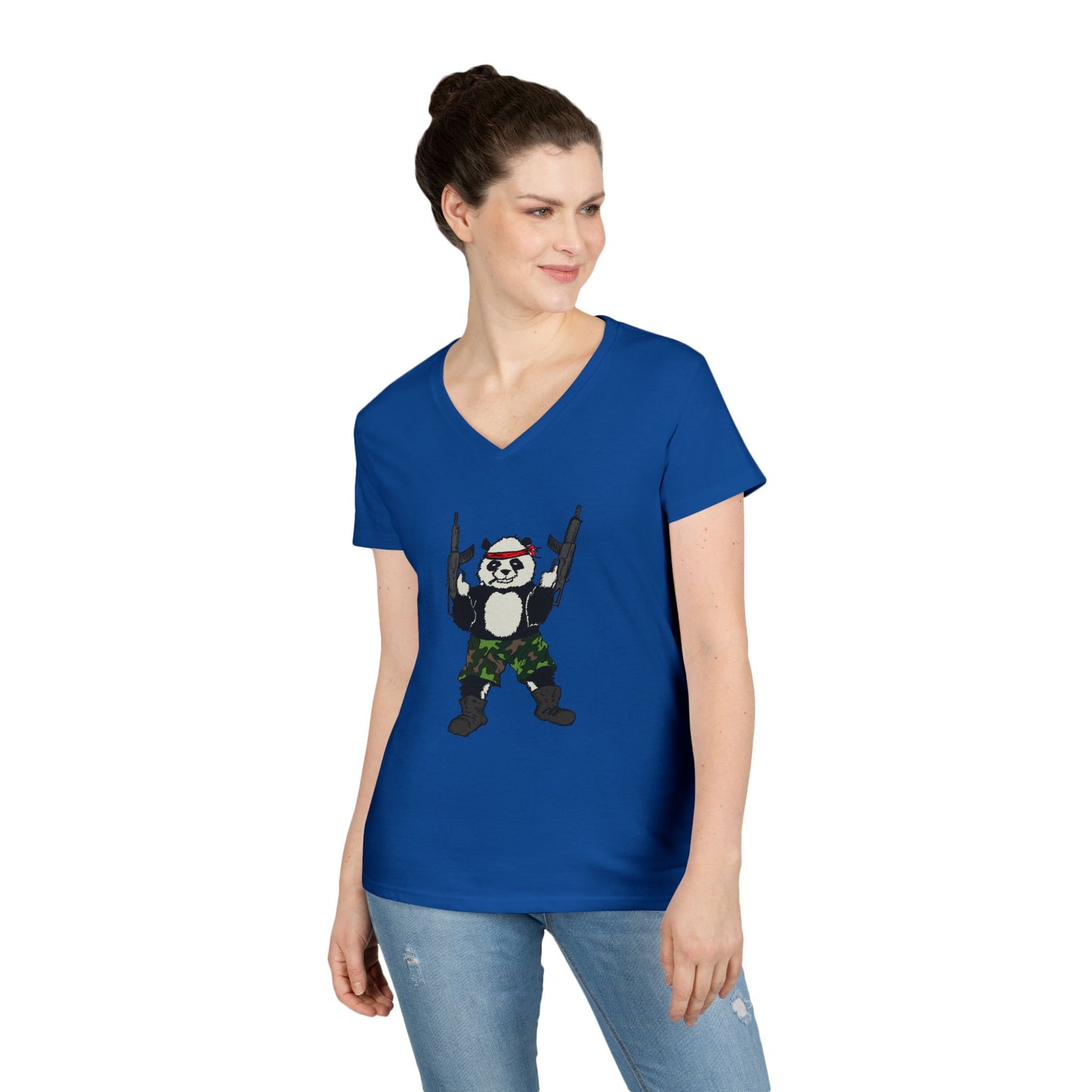 Ladies' V-Neck T-Shirt - Cool Panda with Guns Graphic Tee