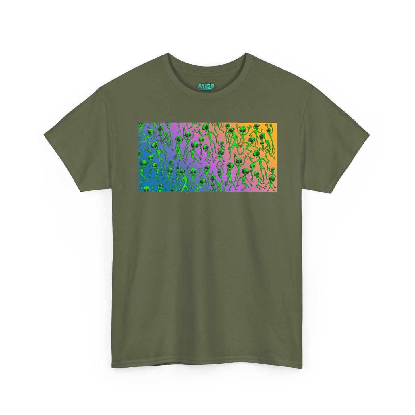 Alien Dance Party Gradient Tee — Colorful Psychedelic Green Aliens Art T-Shirt