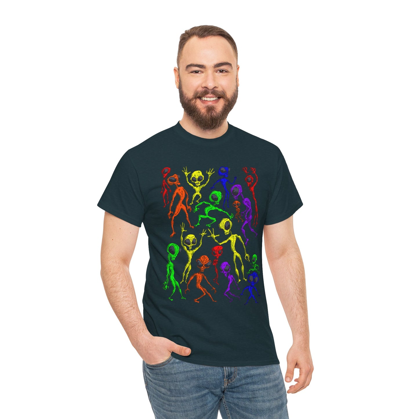 Rainbow Alien Dance Party Unisex Tee - Cosmic Sci-Fi Shirt