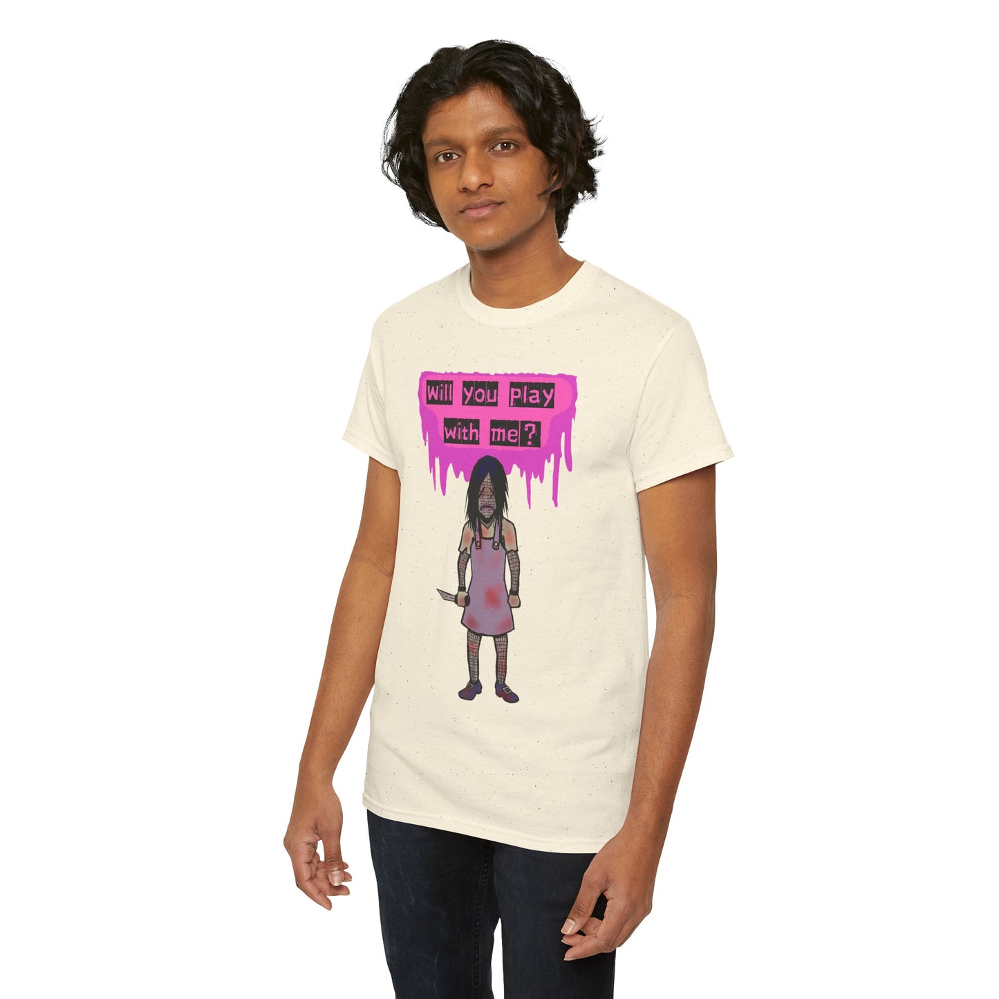 Playful Evil Doll Horror Graphic Tee, Unisex Heavy Cotton Shirt, Casual Wear, Unique Gift, Halloween Costume, Quirky Fashion