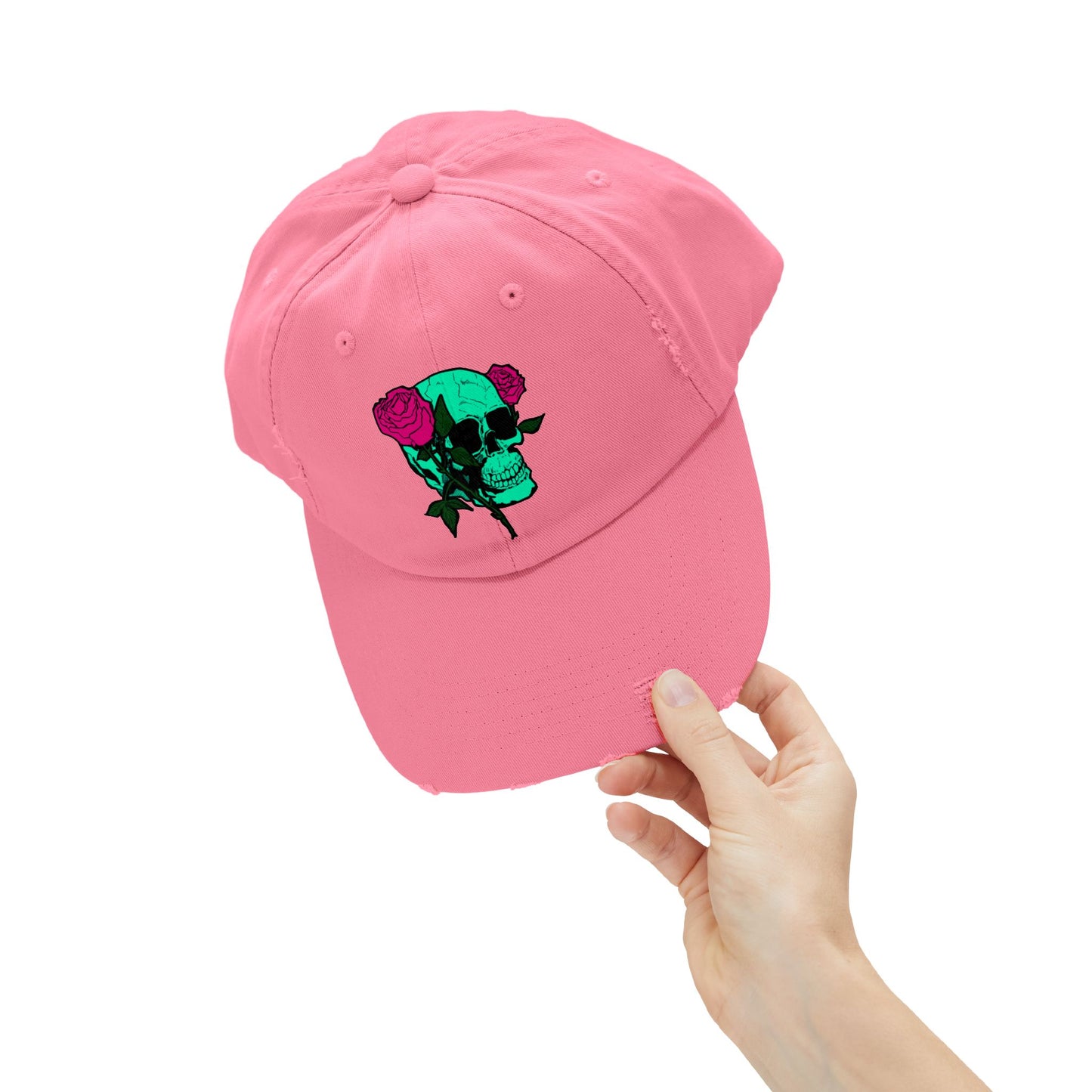 Trendy Distressed Skull Cap with Roses